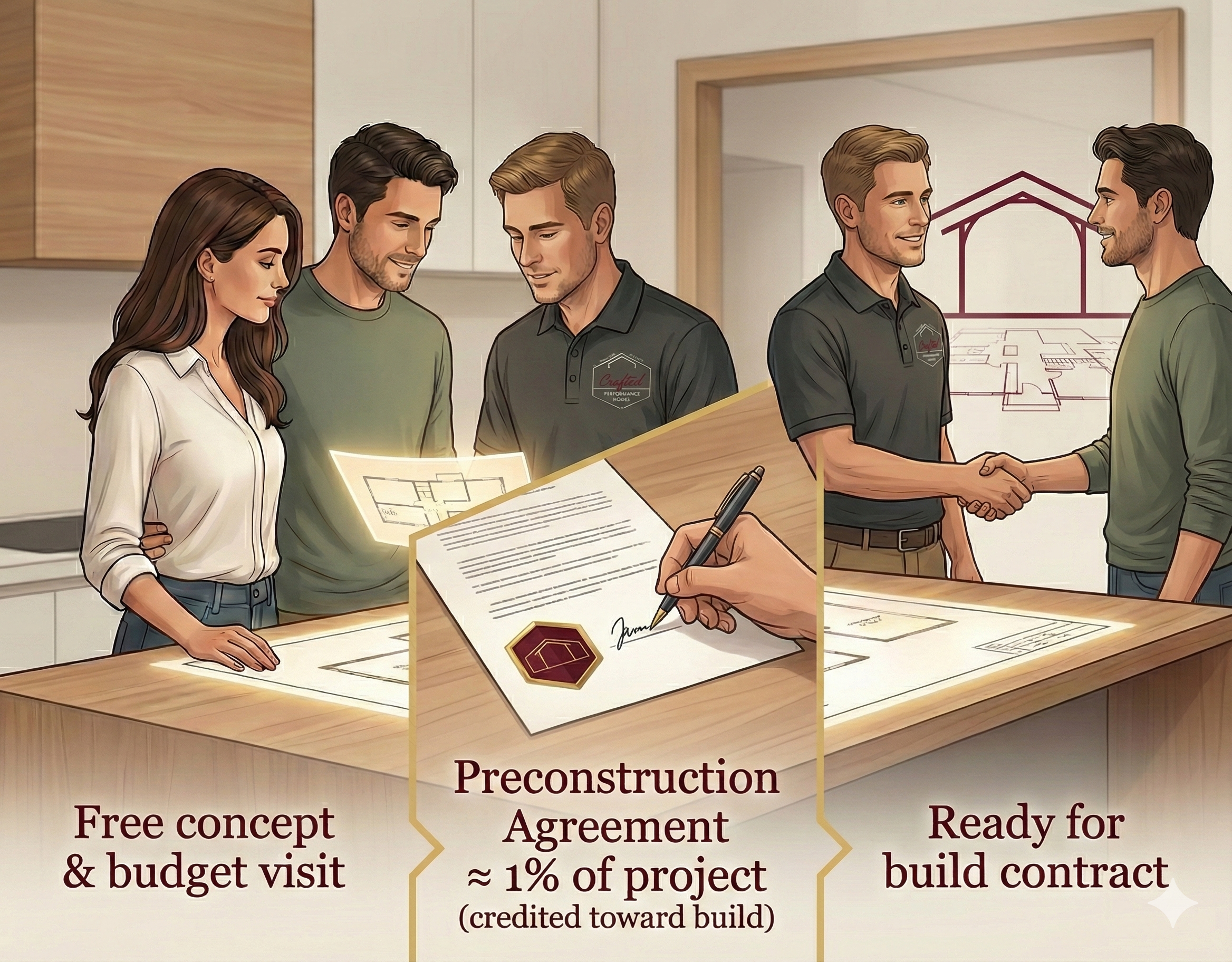 Three connected scenes showing a free concept and budget visit, signing a preconstruction agreement for about 1% of the project, and a handshake in front of a floor plan labeled “Ready for build contract.”