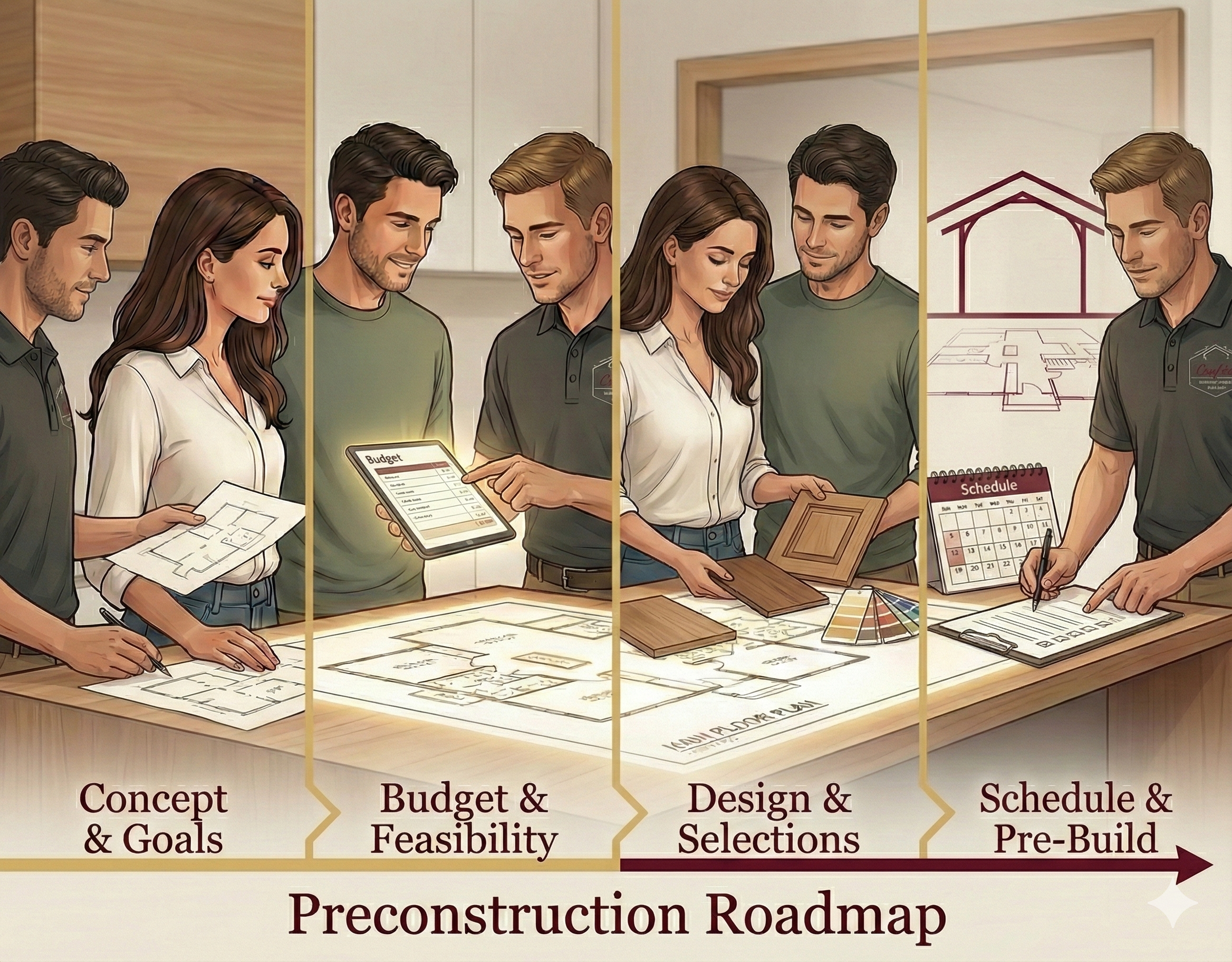 Left-to-right roadmap with the same couple and builder moving through Concept & Goals, Budget & Feasibility, Design & Selections, and Schedule & Pre-Build around a glowing main level floor plan, labeled “Preconstruction Roadmap.”