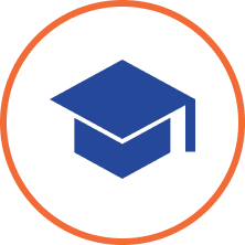 Icon of a blue graduation cap inside a white circle with an orange border.