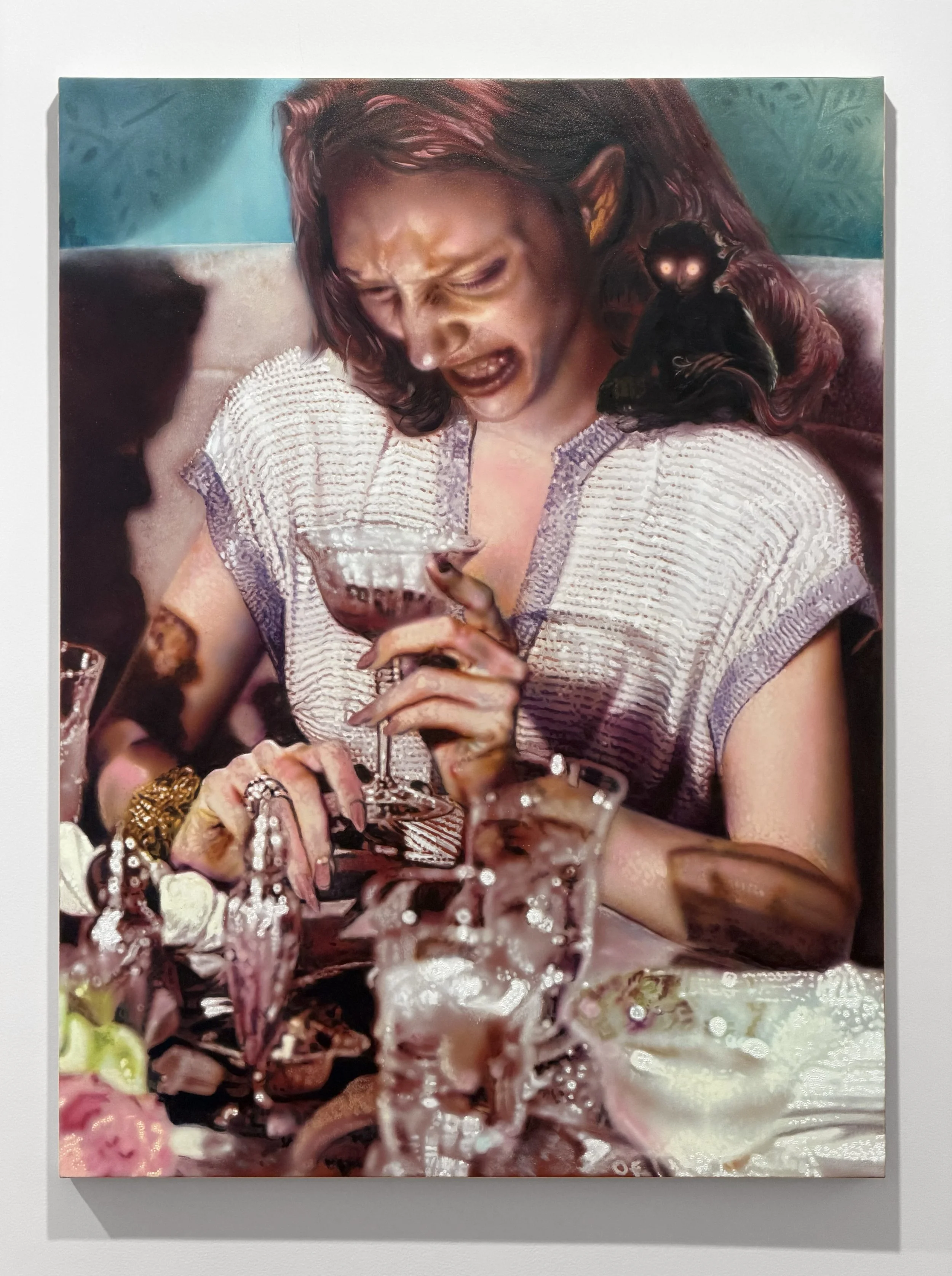  Crystalware and Figure , 2026, Acrylic on canvas, 36 x 48 in