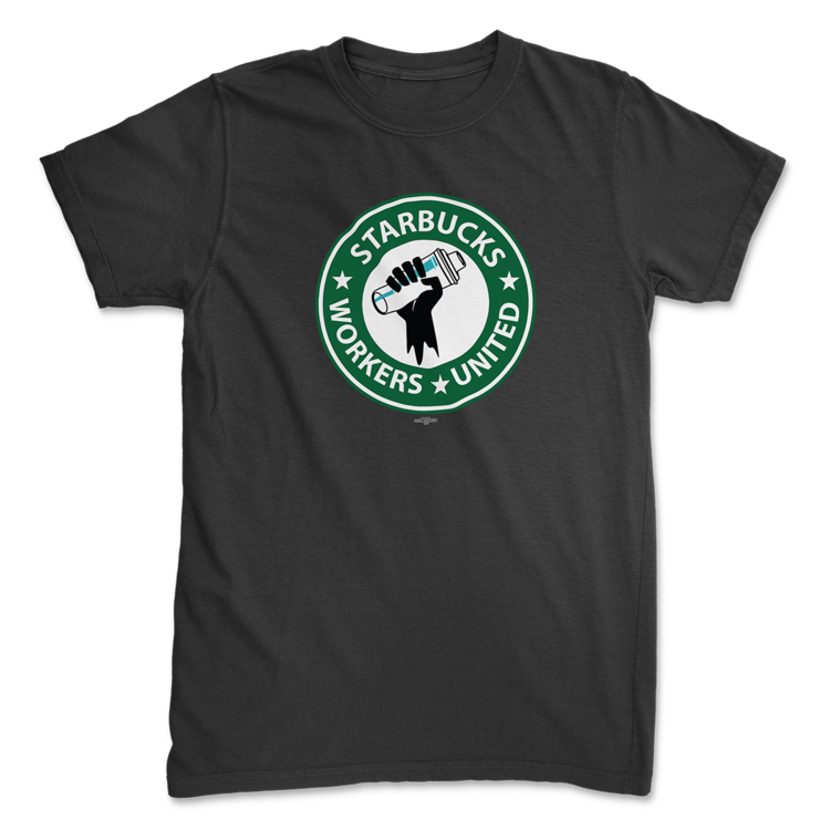A Starbucks Workers United black t-shirt featuring the green SBWU logo on the chest