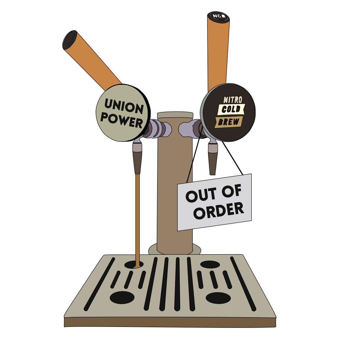 Artistic representation of a Starbucks Nitro 2-tap dispenser. The dispenser labels read "Union Power" and "Nitro Cold Brew". The "Union Power" tap is left on and pouring, the "Nitro" tap has an "out of order" sign hanging on it.