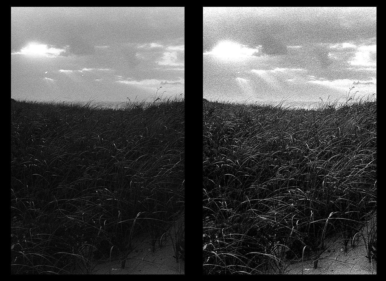 a side by side comparison of two dune photographs with dramatic rays of light shining through the clouds