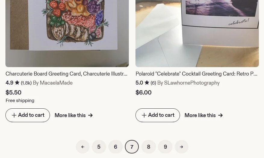 A screenshot of two greeting cards listed on the etsy website, on page 7 of a search result.