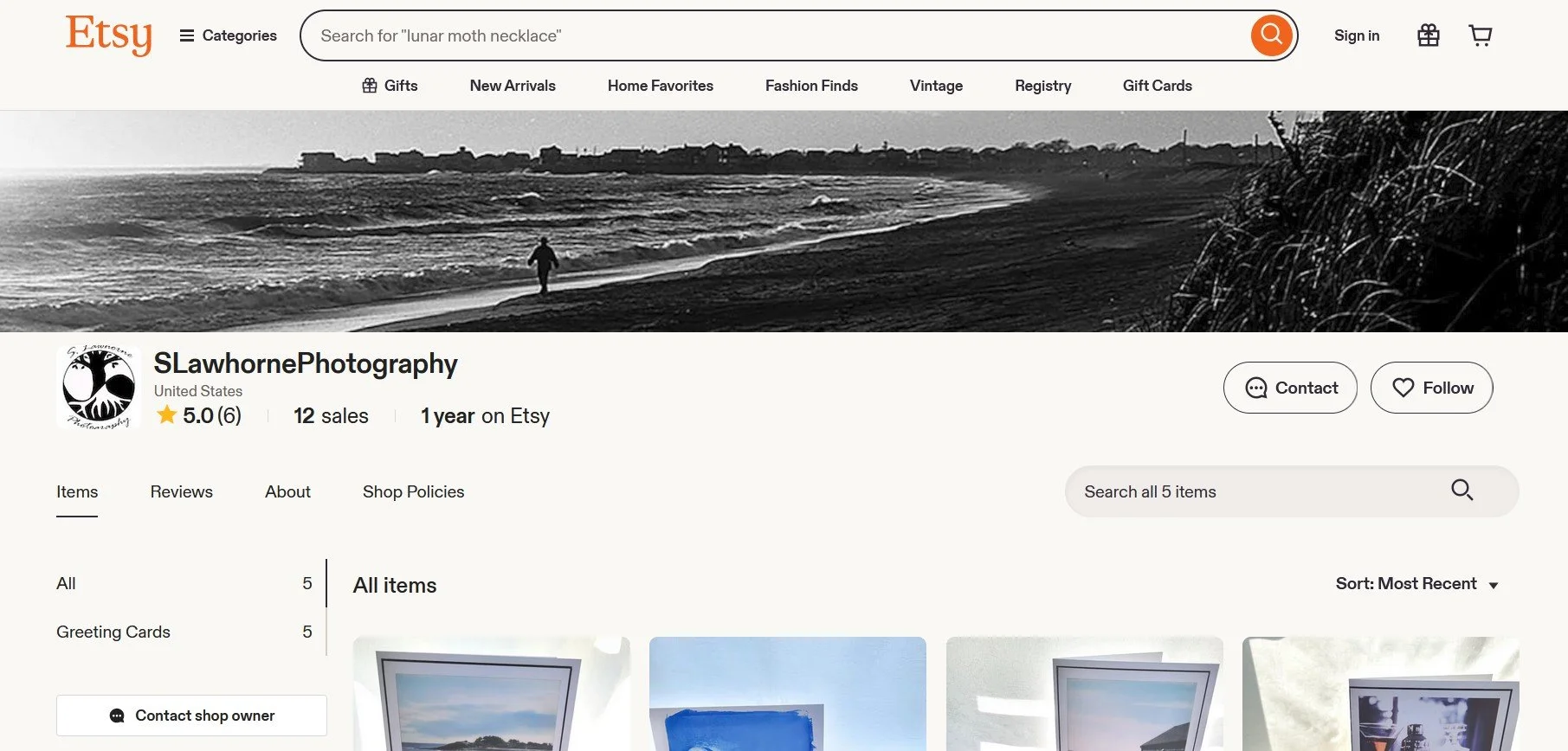A screenshot of S Lawhorne Photography's Etsy shop with greeting cards for sale.