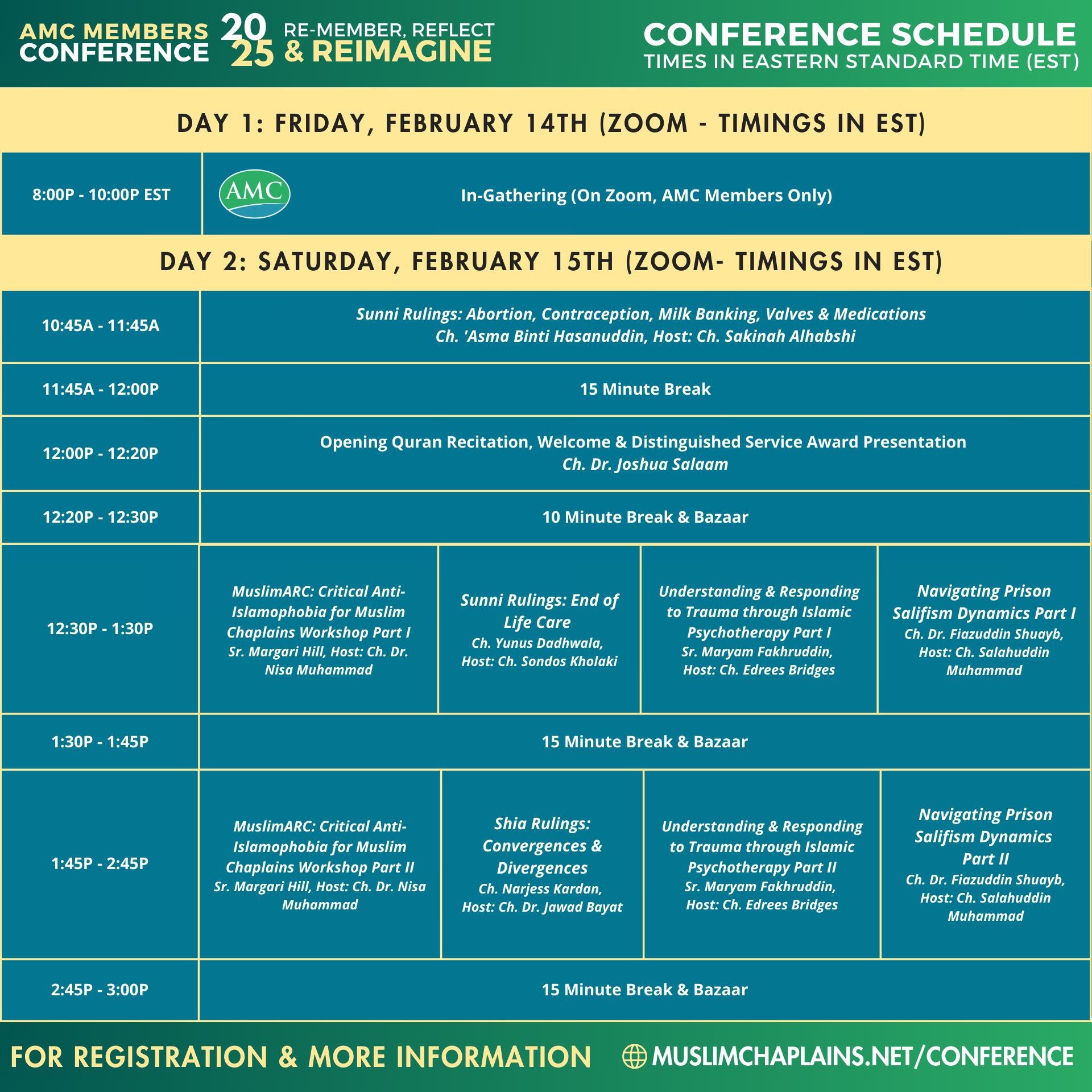 Our 2025 Annual Members Conference is just around the corner! 

With the theme of Re-Member, Reflect, &amp; Reimagine, this year&rsquo;s virtual conference presents an opportunity for chaplains across sectors and students of Islamic chaplaincy to lea