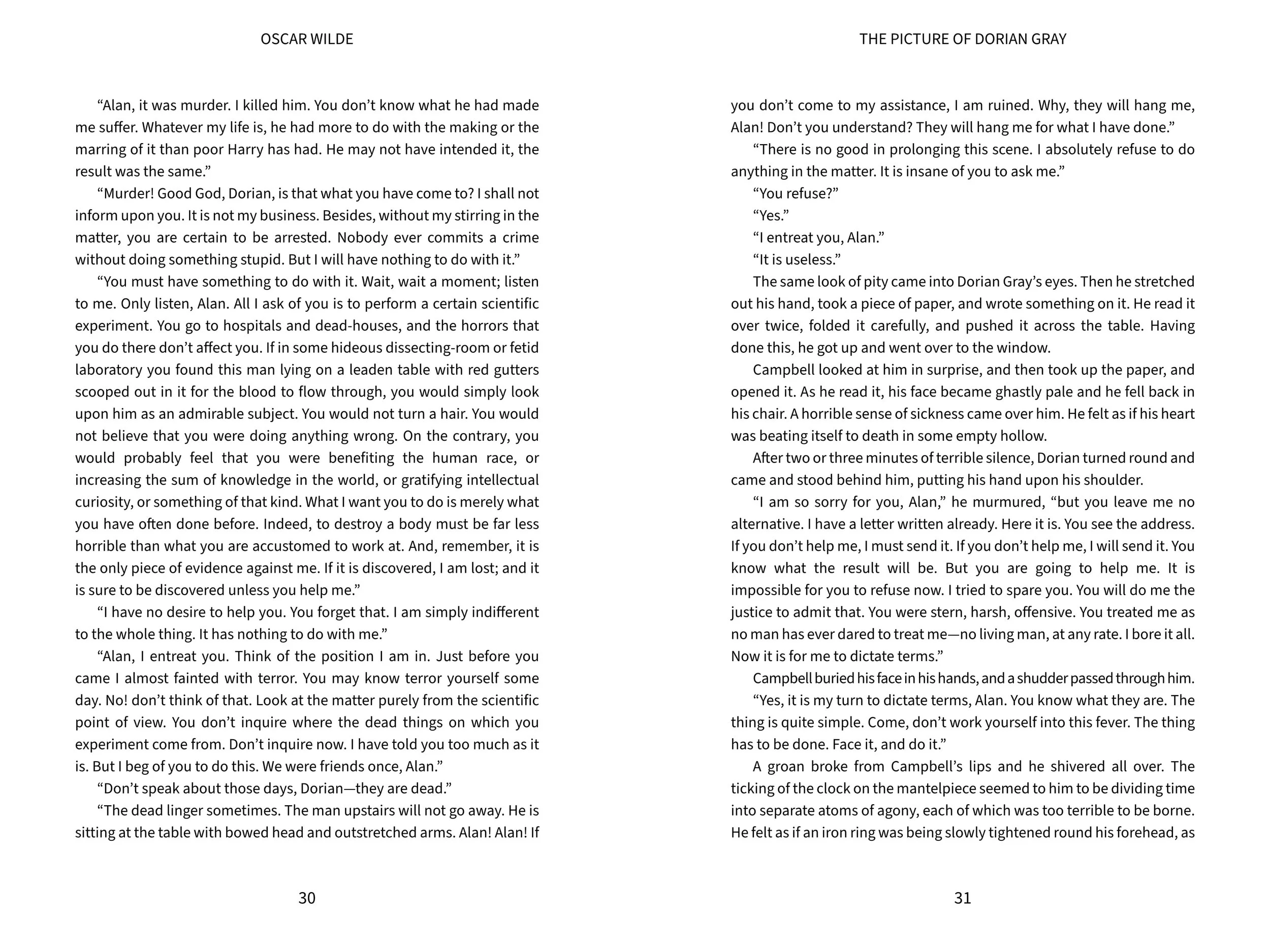 Open book displaying pages 30 and 31 containing text from 'Oscar Wilde' and 'Dorian Gray' with dialogue and narration.