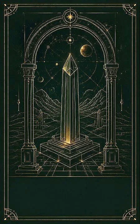 g.o. Idaguiven’s Speculative Fiction artwork with a crystal monument beneath a celestial arch.
