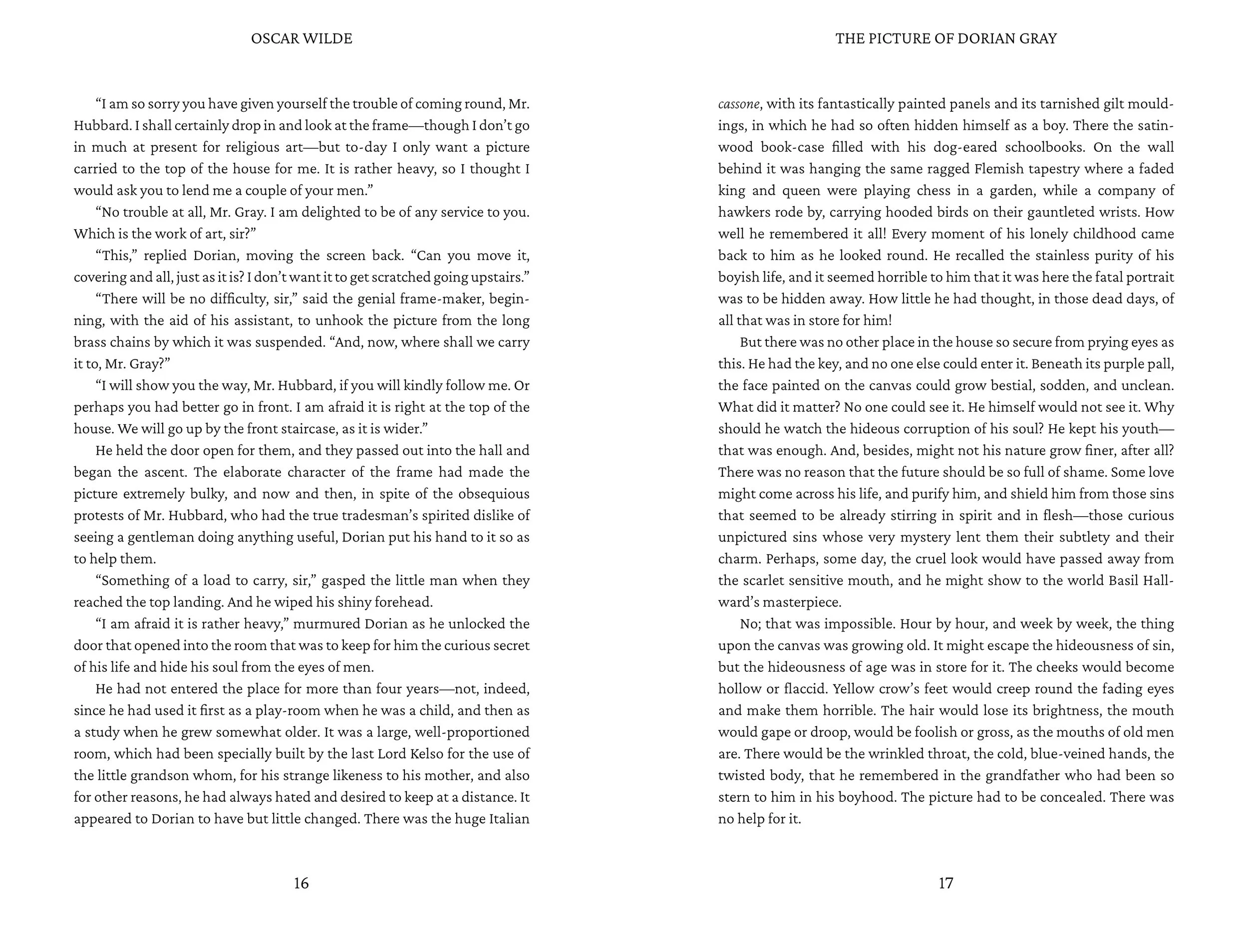 Open book with pages 16 and 17 visible, featuring text from Oscar Wilde's 'The Picture of Dorian Gray'.