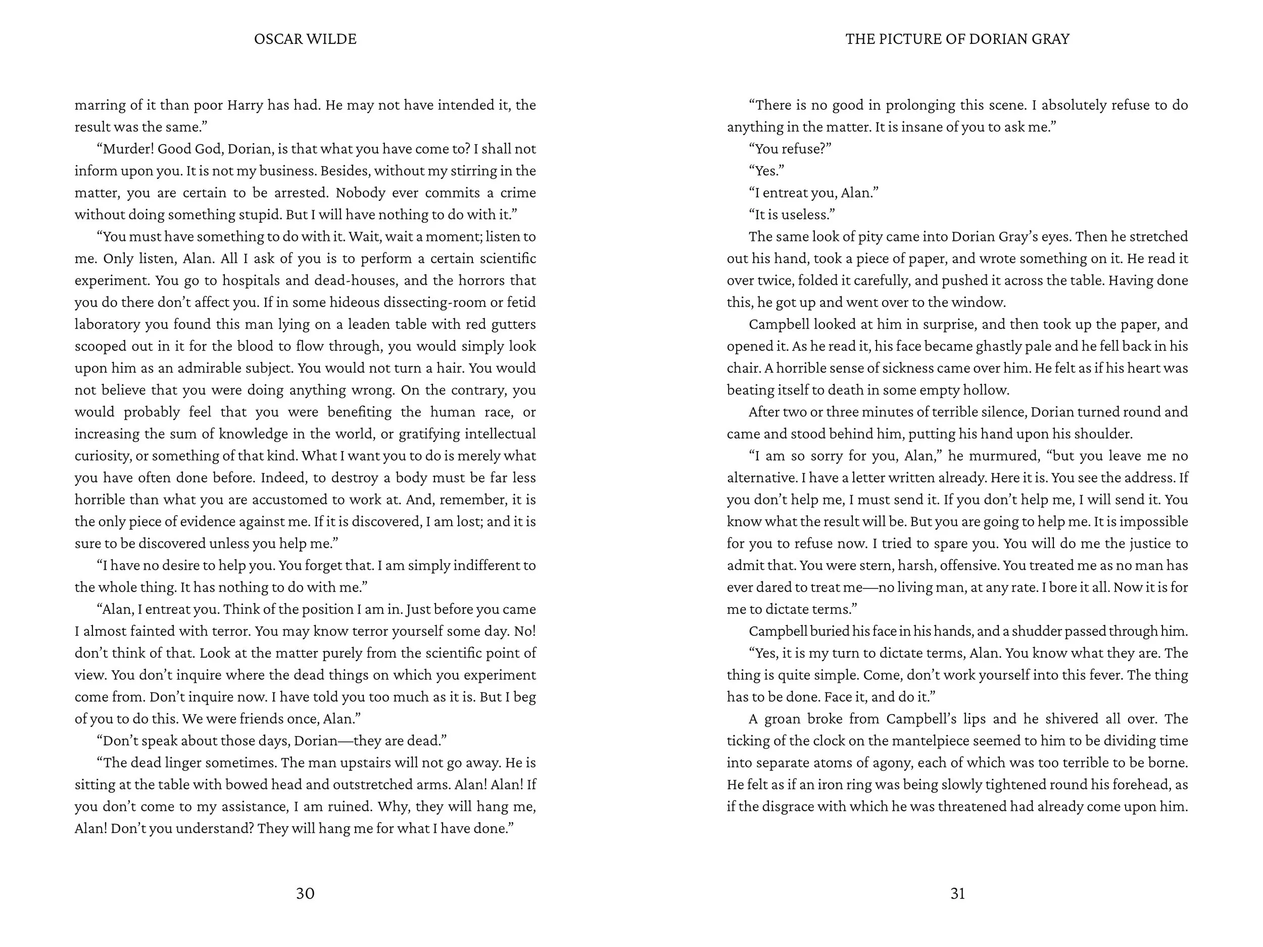 Pages 30 and 31 from a book containing dialogue and narration; the text is from a story involving characters discussing crime, science experiments, and moral dilemmas.