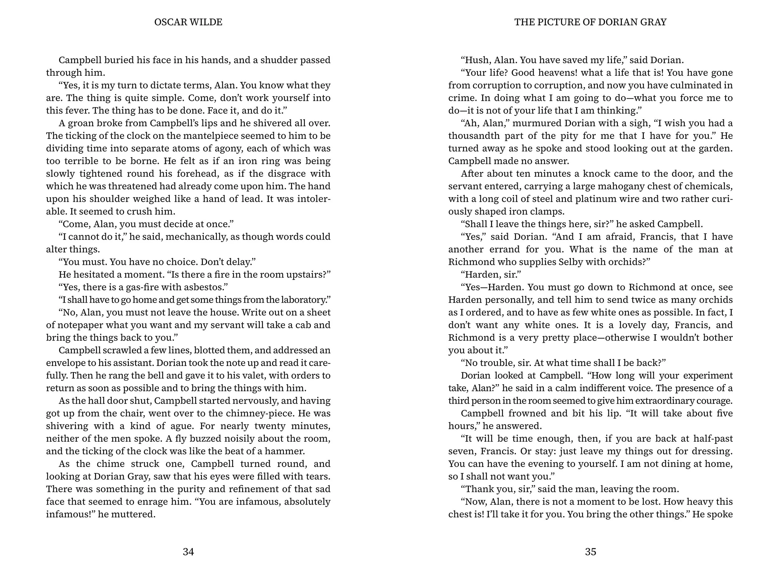 Open book displaying pages 34 and 35 with text from a story or novel.