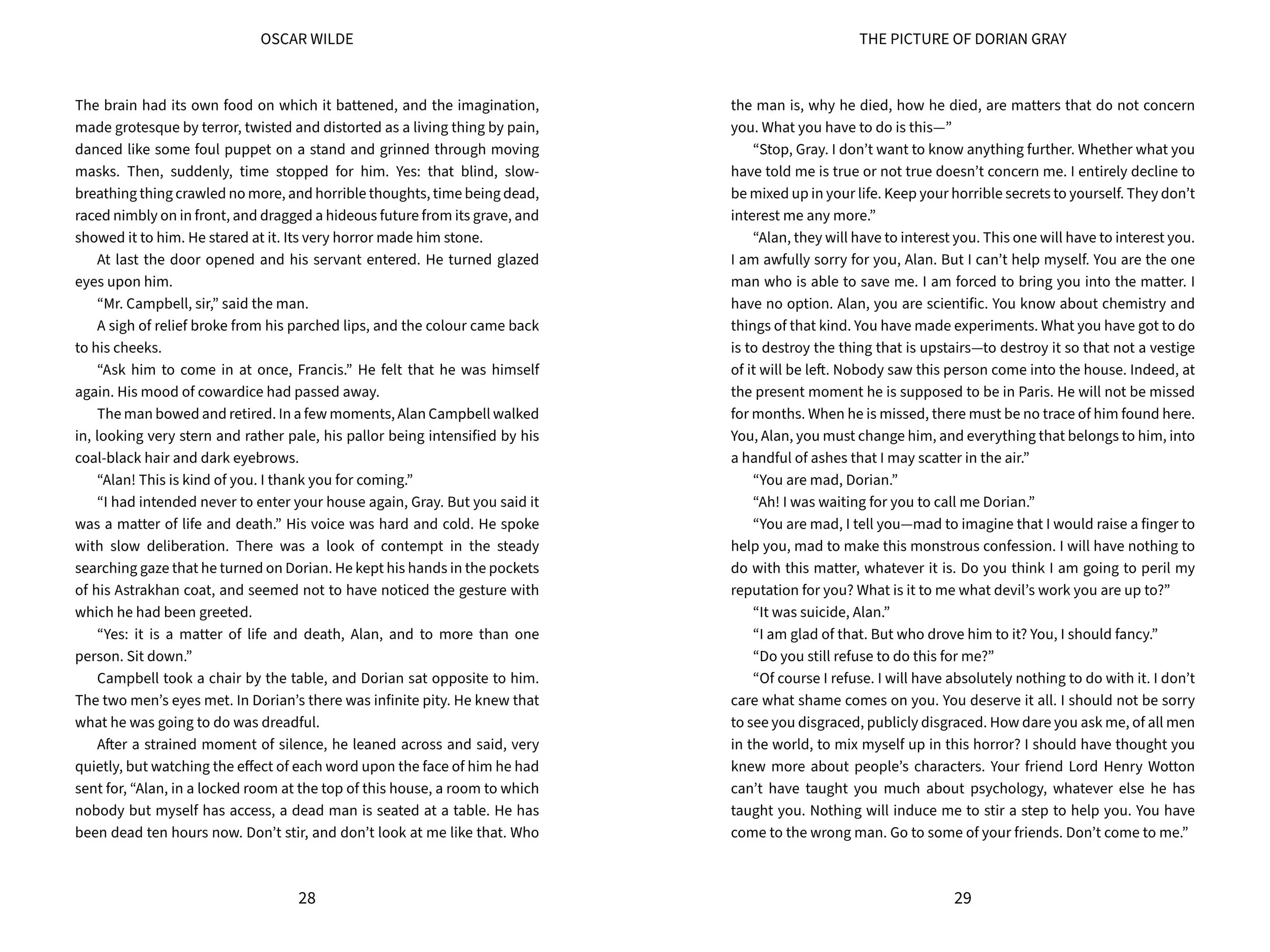 Pages 28 and 29 of a book with text from a story, involving characters Oscar Wilde and Dorian Gray, discussing themes of life, death, and secrets.