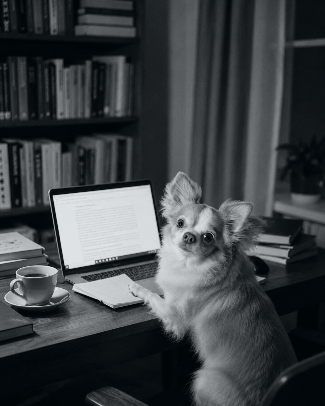 A small dog sitting on a desk looking at a computer monitor with a cup of coffee and books in an office setting.