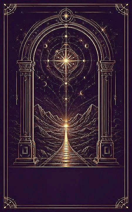 g.o. Idaguiven’s The Cosmic Void Saga artwork with a celestial archway and a path leading towards distant mountains.