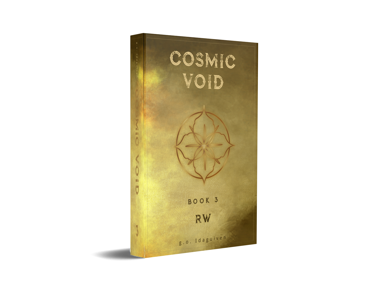 g.o. Idaguiven’s The Cosmic Void Saga, Book 3 mock-up with a yellow cover and gold flower emblem.