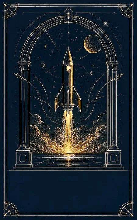 g.o. Idaguiven’s Pulp Fiction artwork with a golden rocket launching beneath a celestial arch.