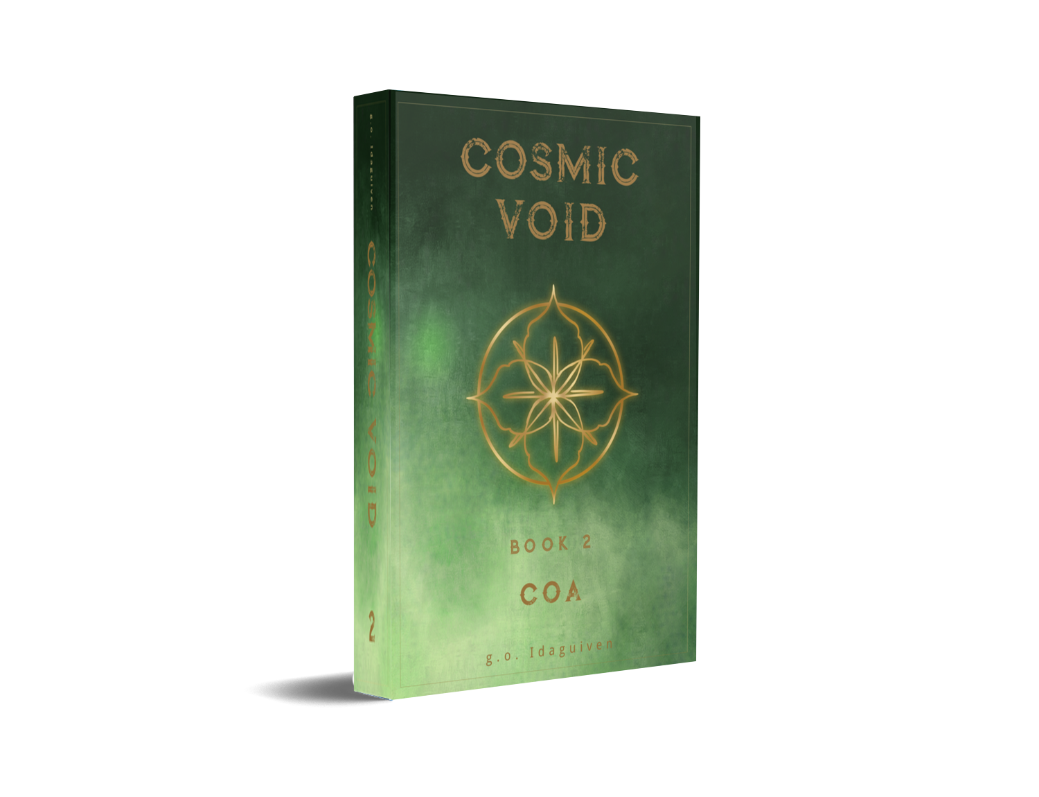 g.o. Idaguiven’s The Cosmic Void Saga, Book 2 mock-up with a green cover and gold flower emblem.
