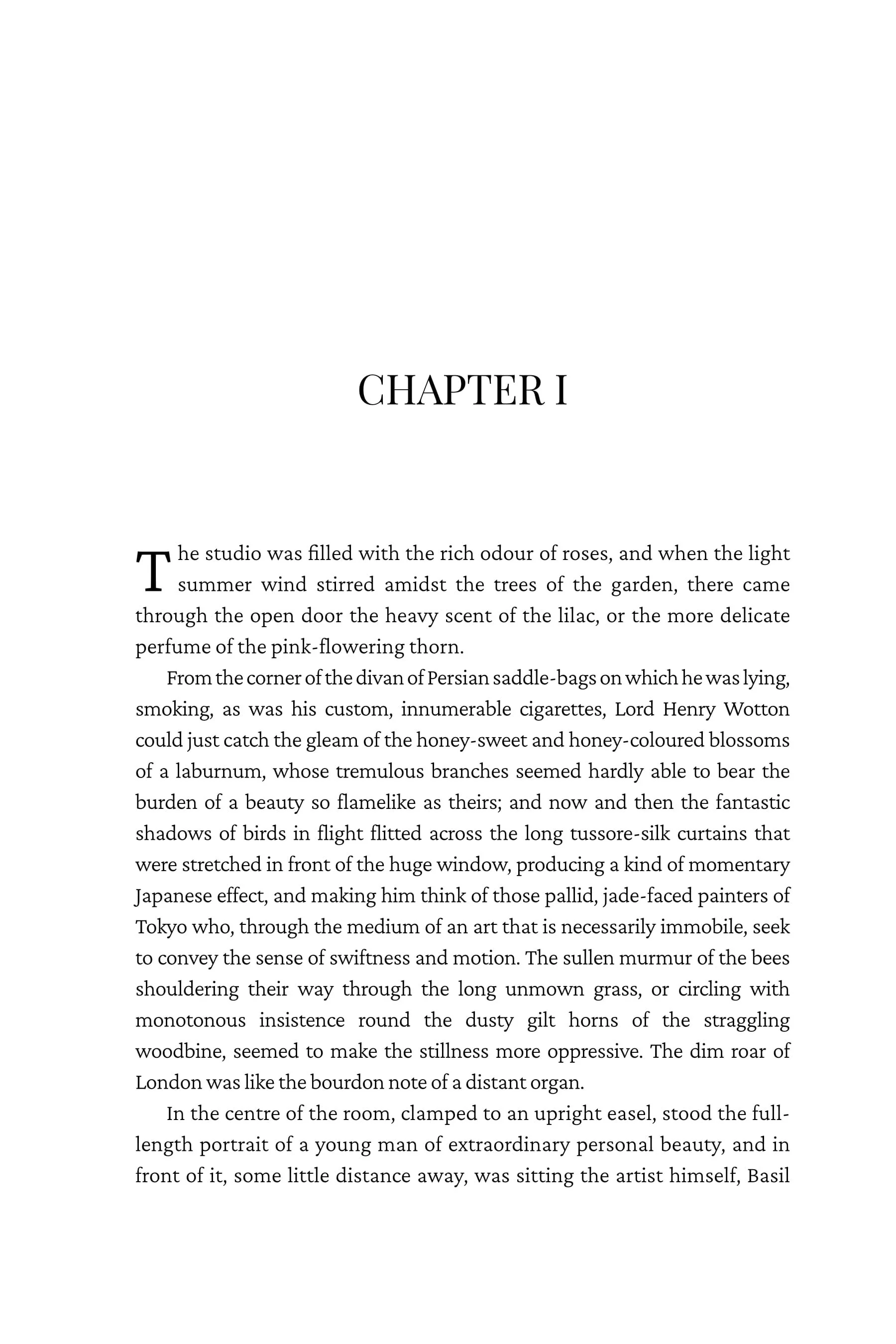 A page from a book showing the start of Chapter 1 with text describing a studio filled with the scent of roses, scenes of a garden, and a young man sitting in a room.