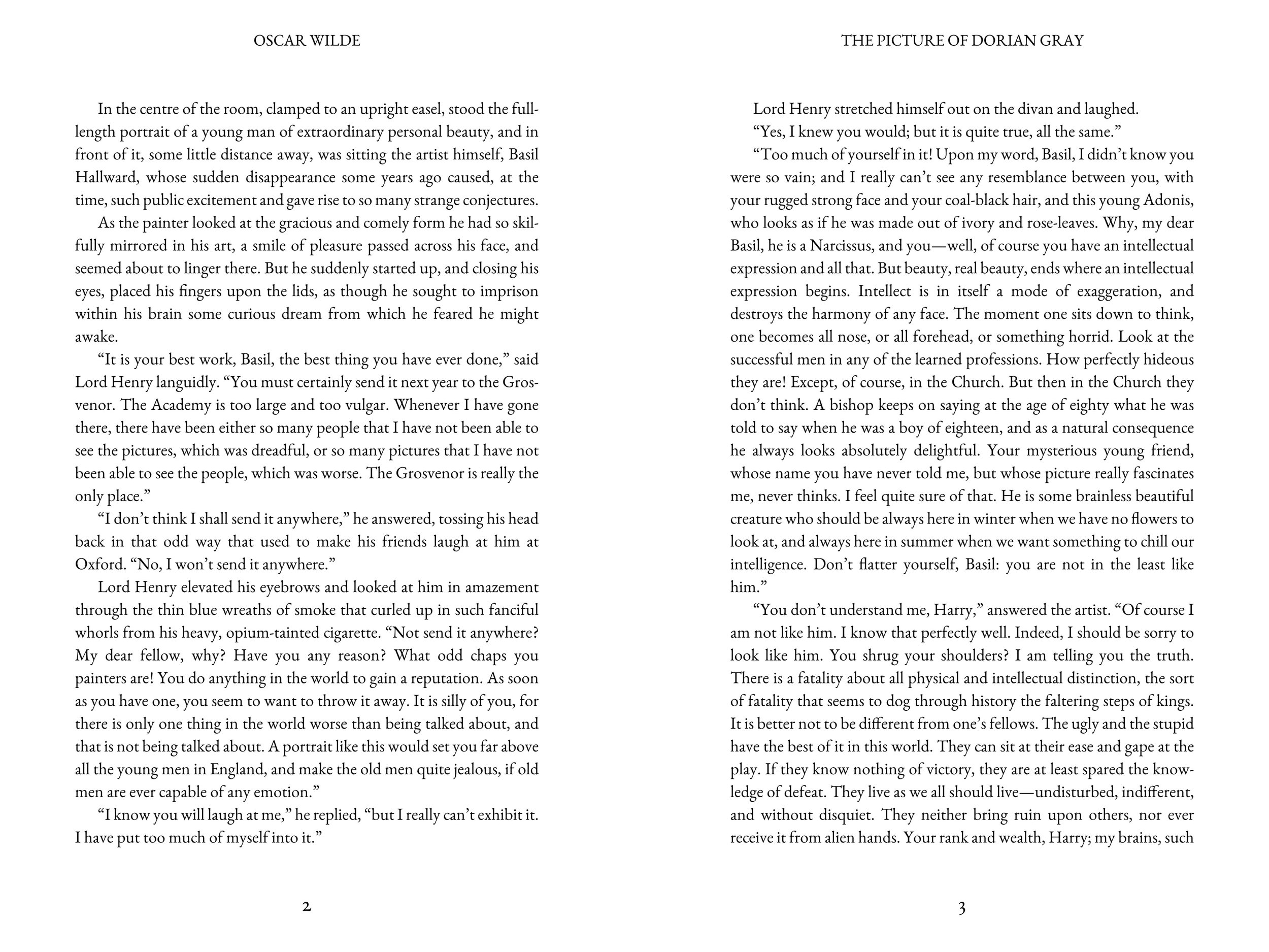 Open book with text of Oscar Wilde's 'The Picture of Dorian Gray' on facing pages, with page numbers 2 and 3.