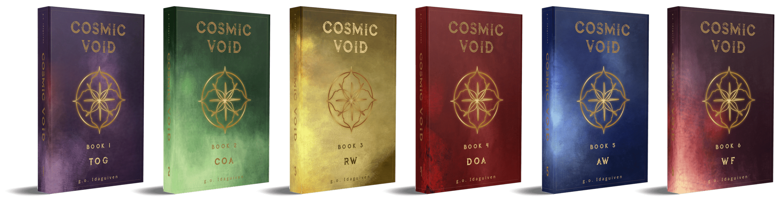 Six books from the 'Cosmic Void' series, labeled Book 1 to Book 6, with distinctive colored covers including purple, green, yellow, red, blue, and amarantine, featuring a gold geometric design on the front.