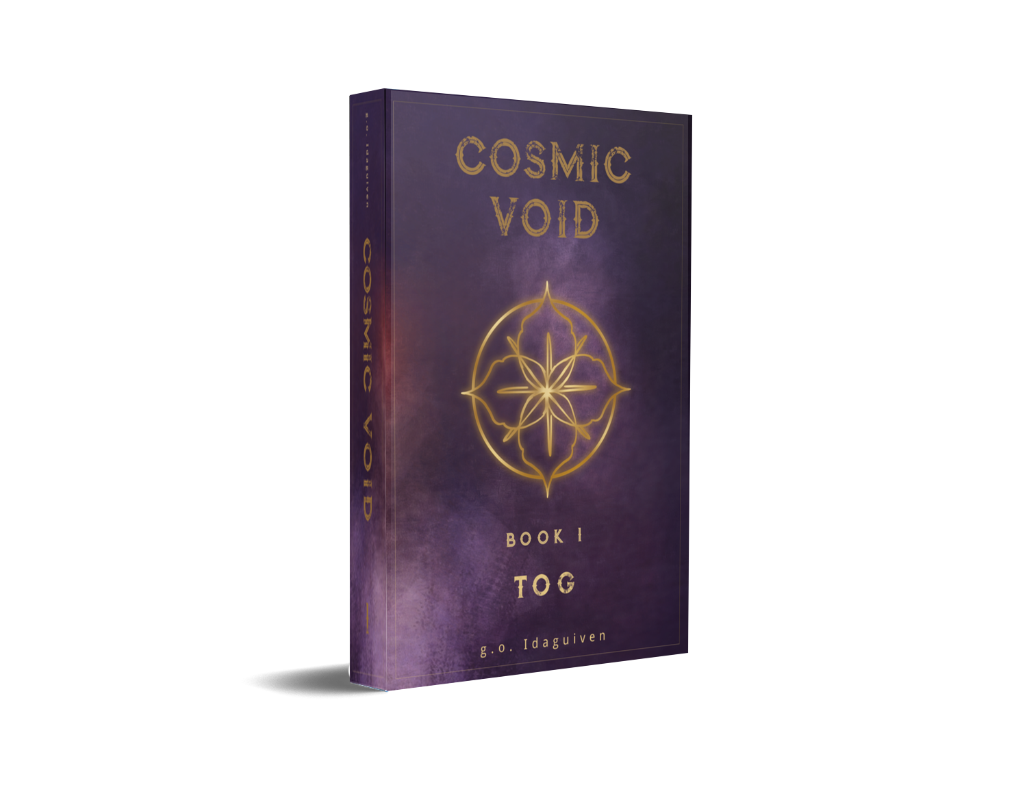 g.o. Idaguiven’s The Cosmic Void Saga, Book 1 mock-up with a purple cover and gold flower emblem.