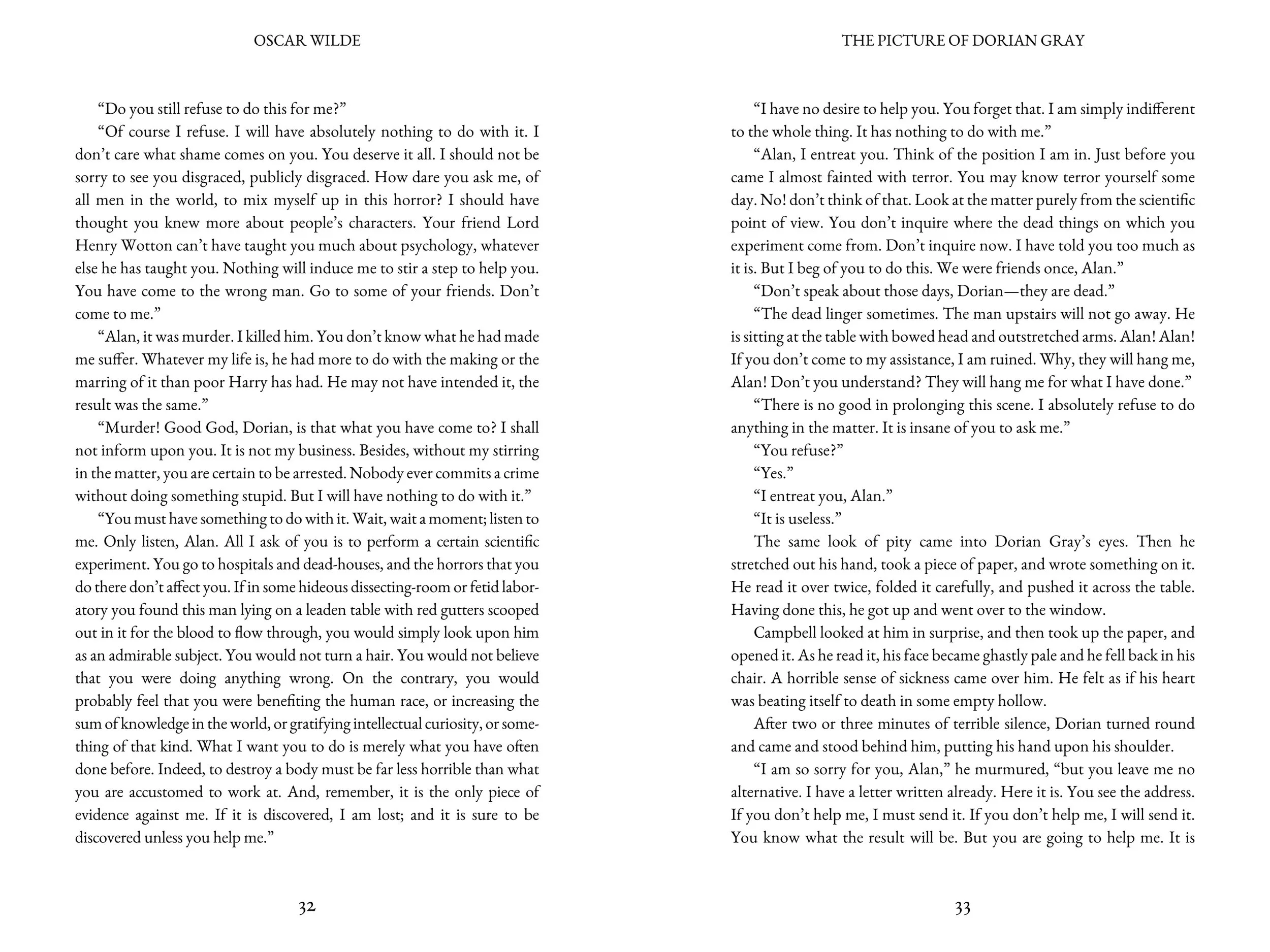 Open book with text, pages 32 and 33, featuring dialogue between characters, with the names Oscar Wilde and Dorian Gray at the top of each page.