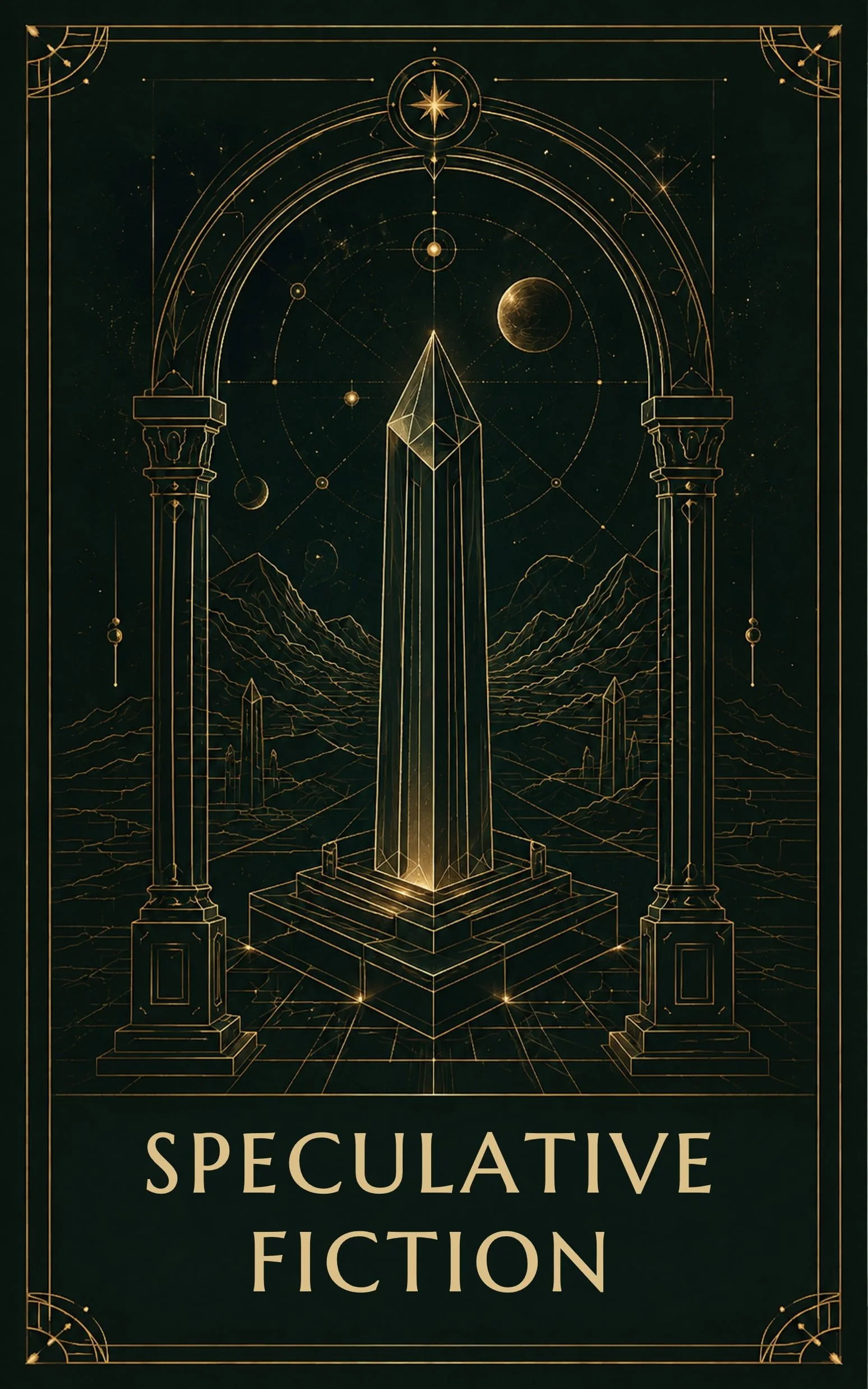 g.o. Idaguiven's Speculative Fiction illustrated card with a crystal monument beneath a celestial arch.