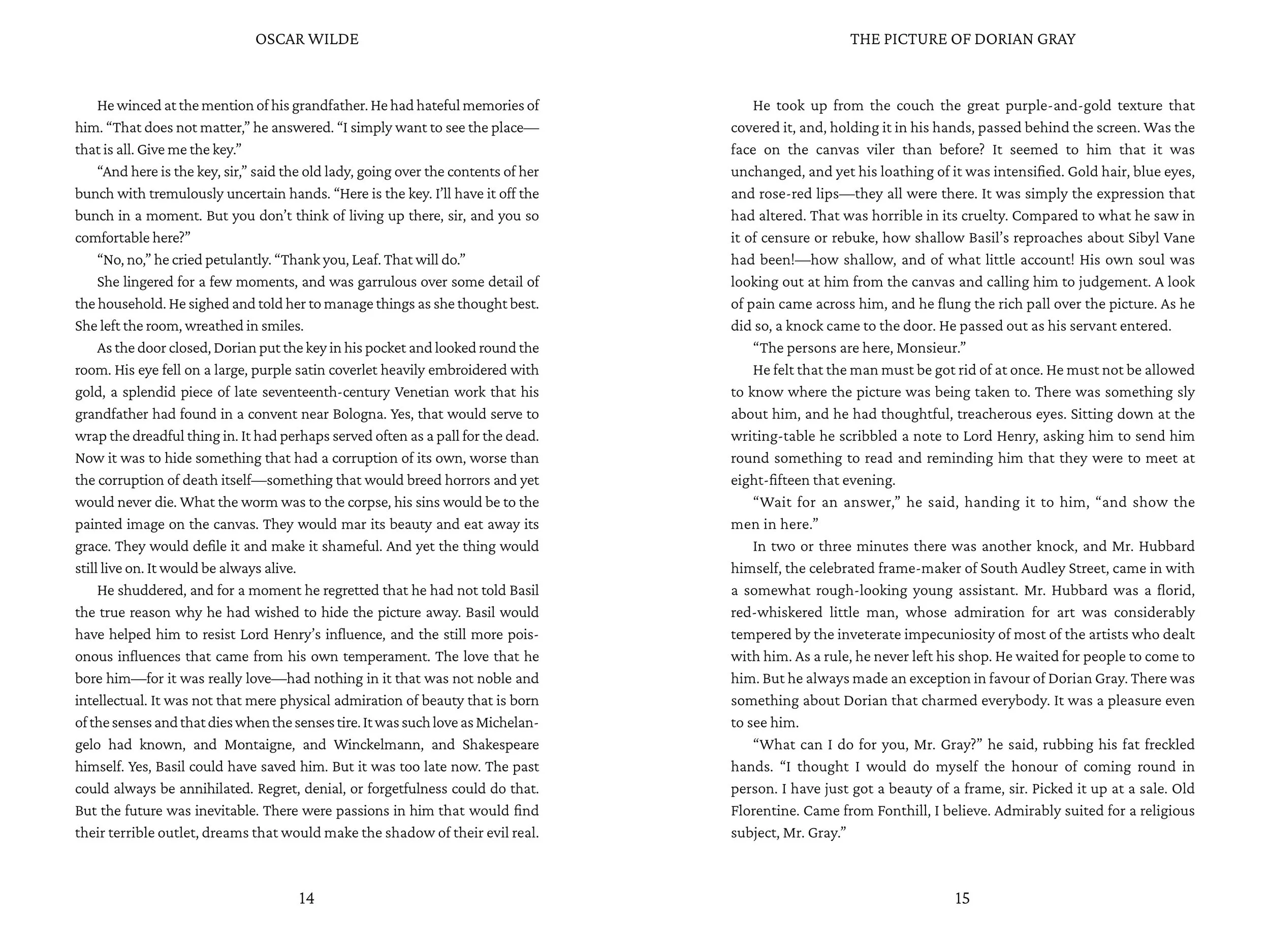 A two-page book spread featuring text from Oscar Wilde's 'The Picture of Dorian Gray,' with on the left page, a snippet including dialogue and descriptions, and the right page continuing the narrative with detailed descriptions of characters and scenes.