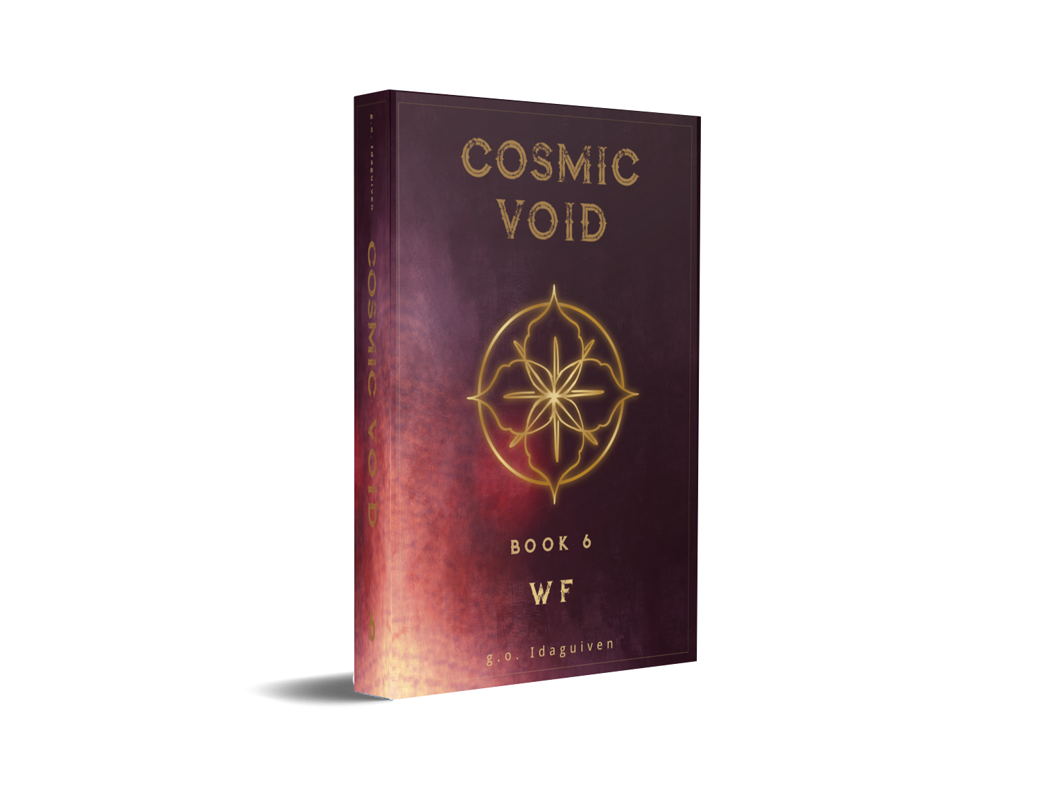 g.o. Idaguiven’s The Cosmic Void Saga, Book 6 mock-up with a red cover and gold flower emblem.