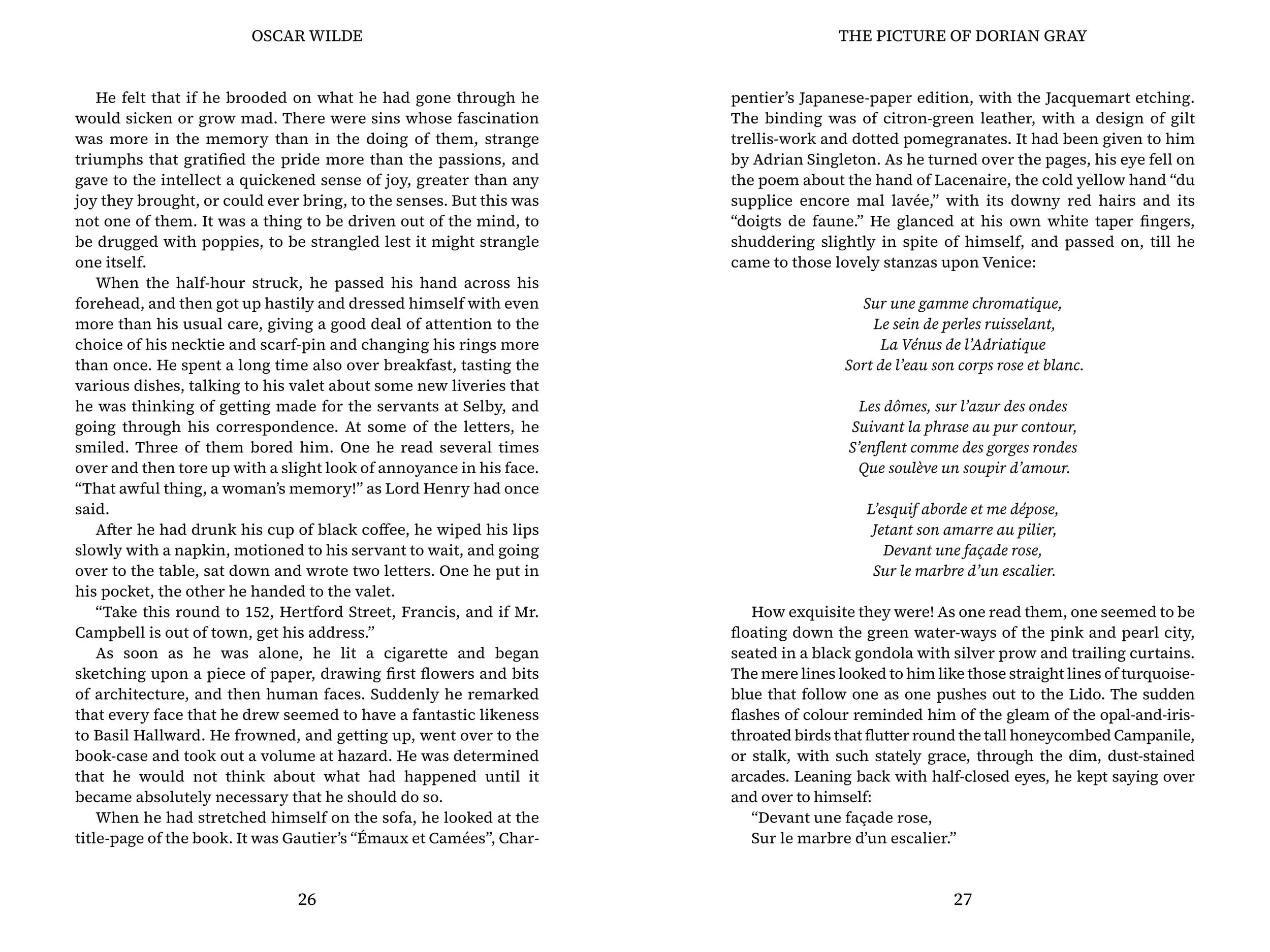Open book with text by Oscar Wilde on the left page and Dorian Gray on the right page, both pages numbered 26 and 27.