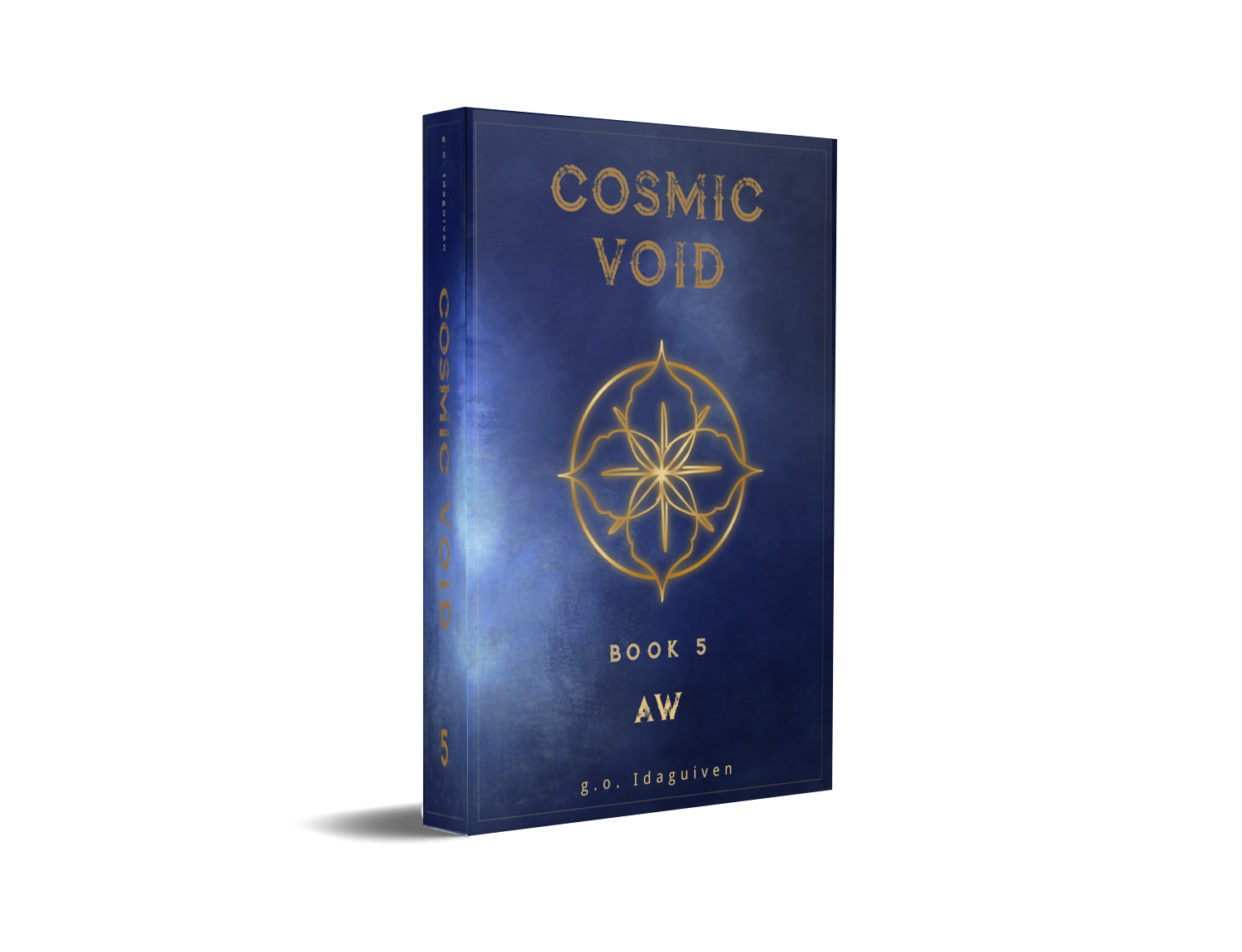 g.o. Idaguiven’s The Cosmic Void Saga, Book 5 mock-up with a red cover and gold flower emblem.