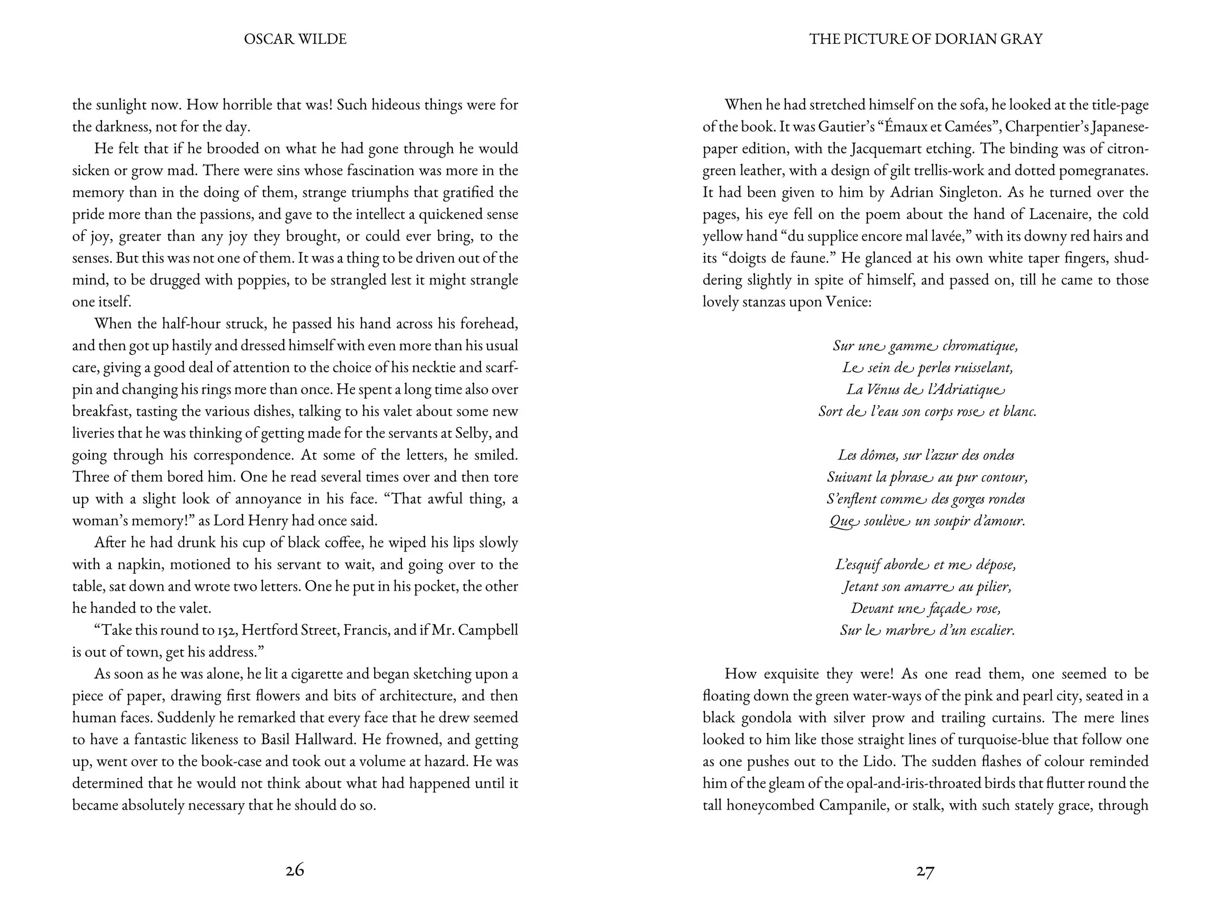 Open pages of a printed book, with text on both pages, including a poem on the right page and narrative on the left page. The pages are numbered 26 and 27 at the bottom corners.