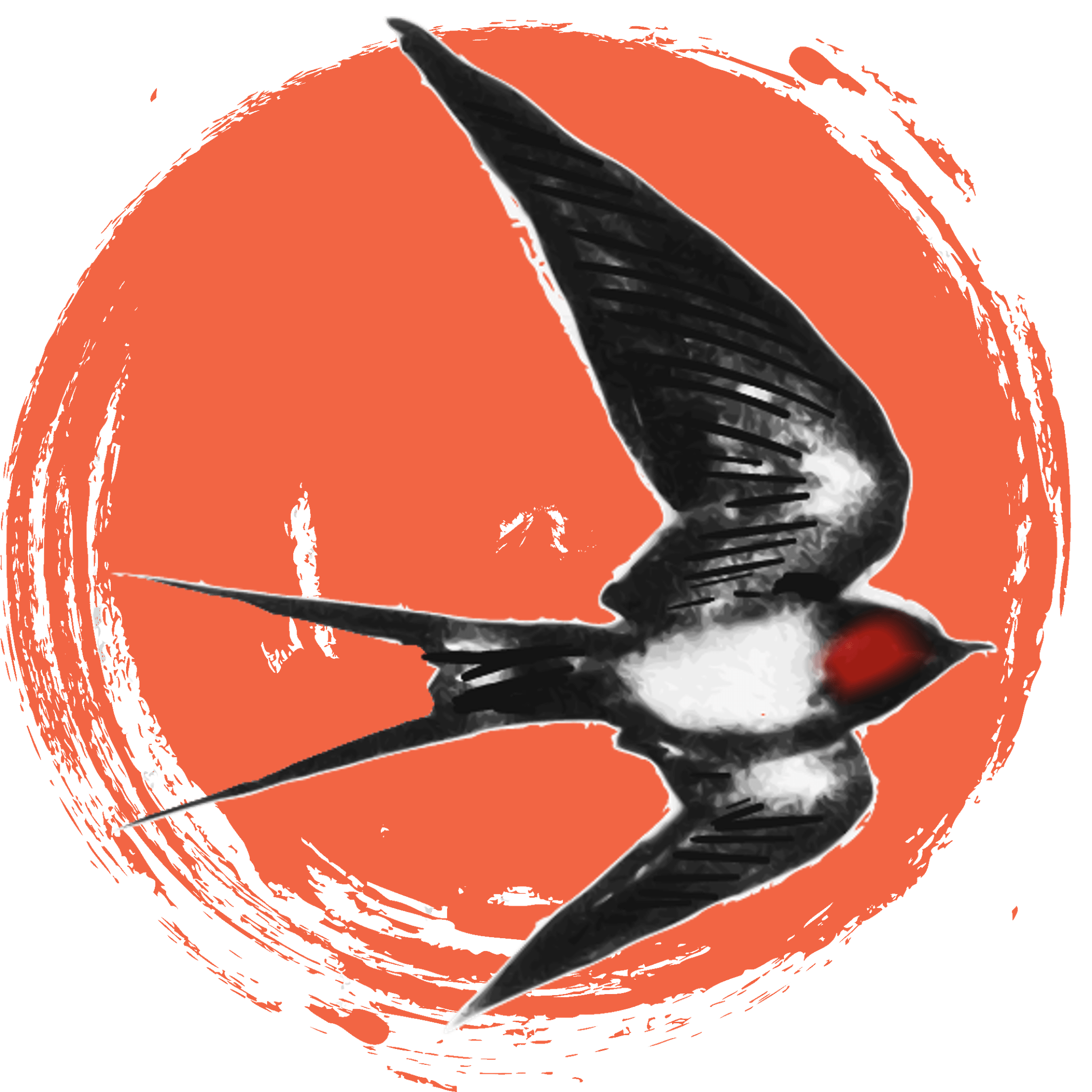 A stylized illustration of a swallow in mid-flight, positioned against an orange circular background with brushstroke accents.