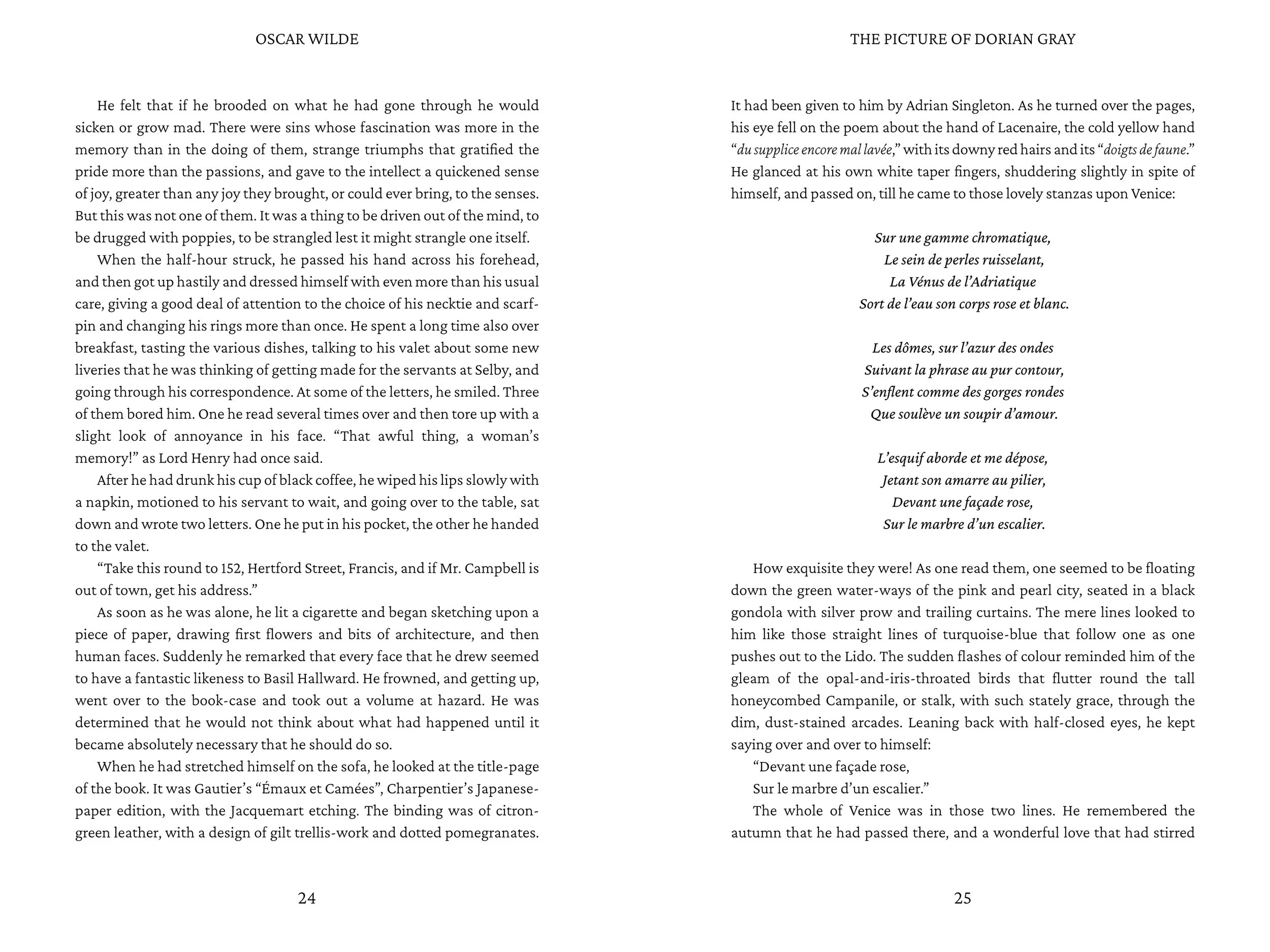 Open book with text on pages 24 and 25 from the novel "The Picture of Dorian Gray" by Oscar Wilde, with typed and italicized sentences in French incorporated into the English text.