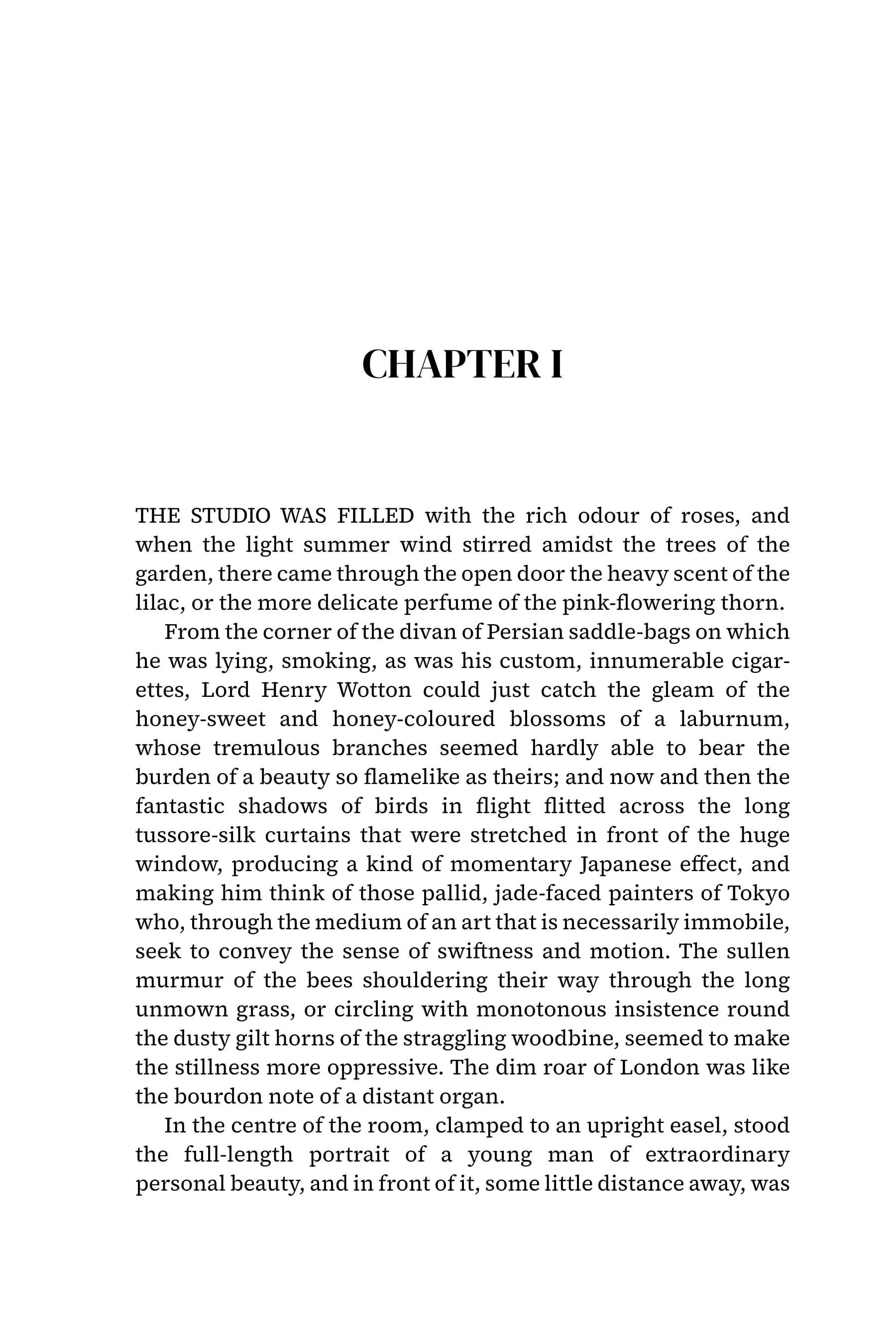 Page from a book showing the beginning of Chapter 1, titled with a block of text describing a studio filled with roses, gardens, perfumes, and scenes of nature.