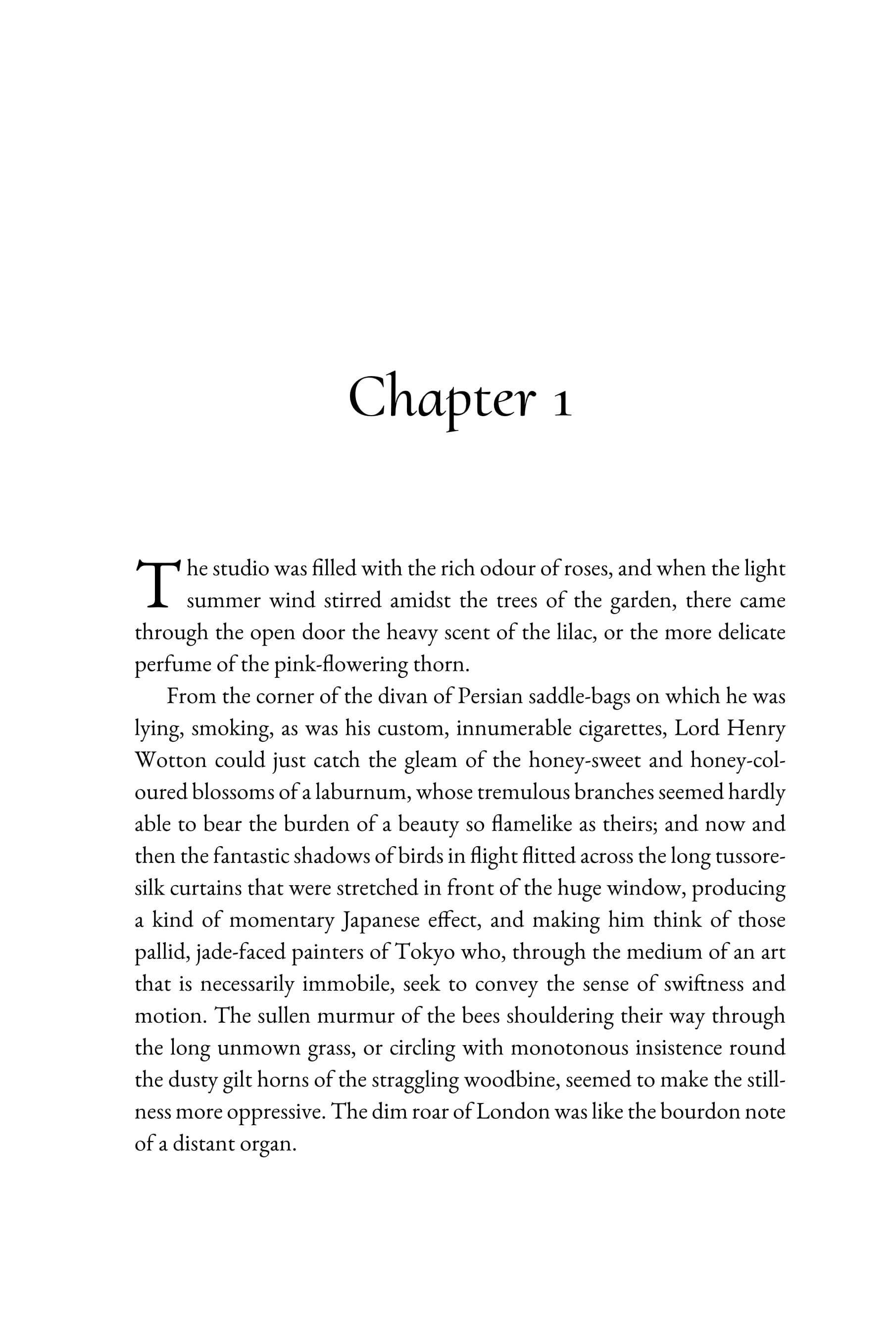 A book page with the chapter title 'Chapter 1' and a paragraph of text beginning with 'The studio was filled with the rich odour of roses...'