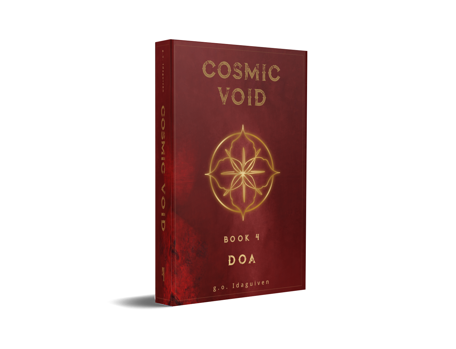 g.o. Idaguiven’s The Cosmic Void Saga, Book 4 mock-up with a red cover and gold flower emblem.