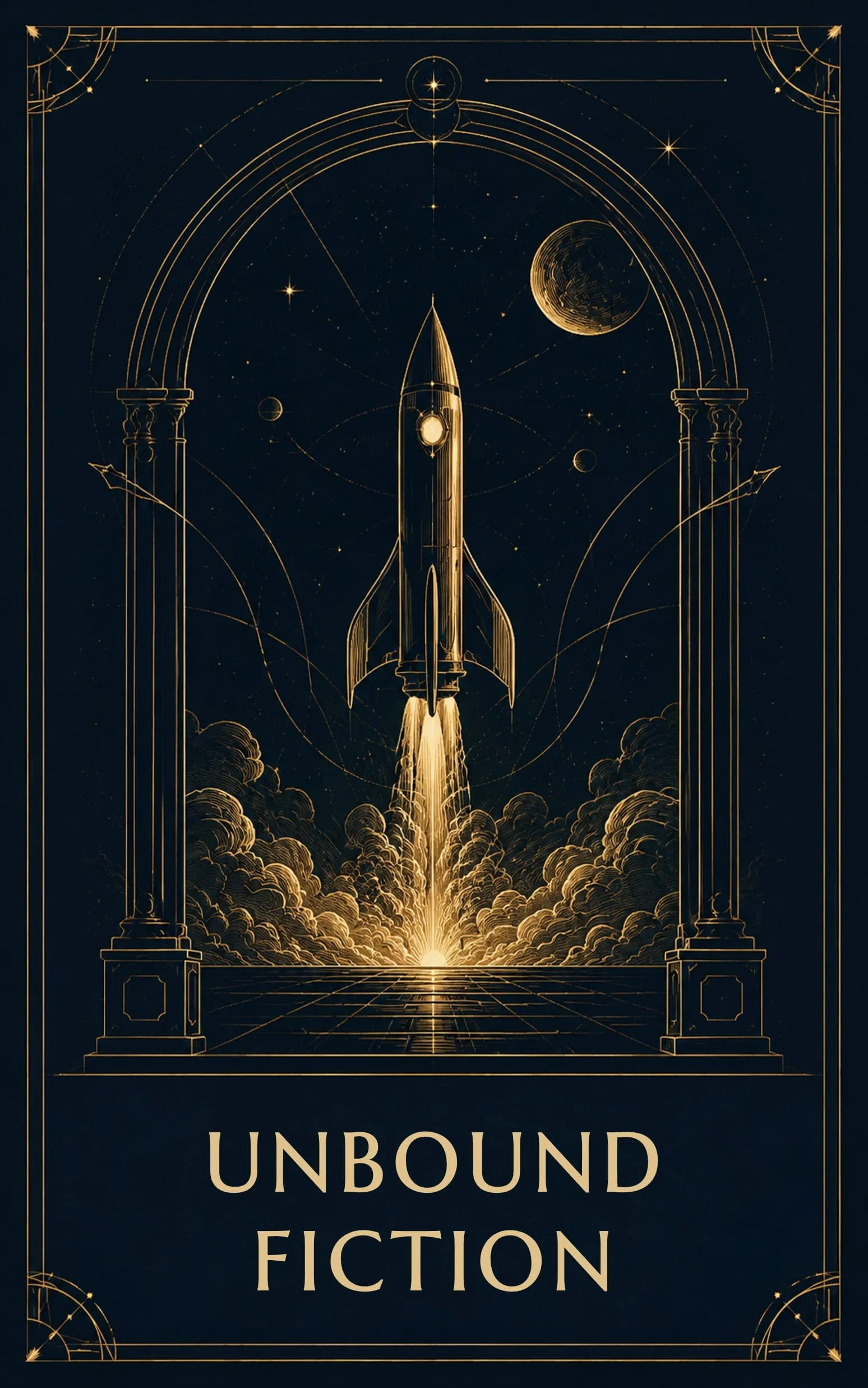 g.o. Idaguiven’s Unbound Fiction artwork with a golden rocket launching beneath a celestial arch.