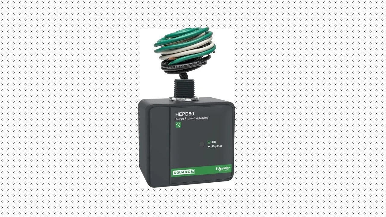 Surge protective device with coiled wires on top, labeled HEPD80, showing LED indicators for OK and Replace, by Schneider Electric.