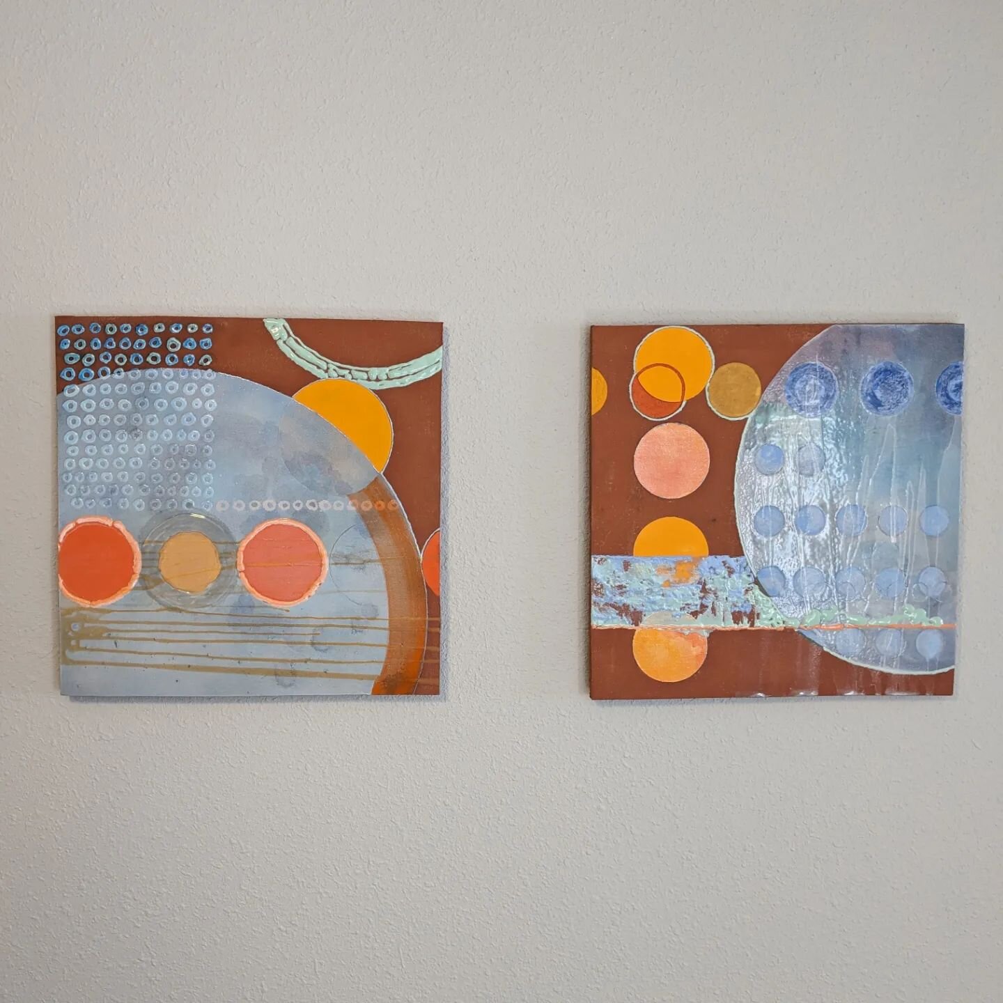 Right now I'm enjoying the swoopy shape made by the areas of bare red clay. Last time I hung these panels they were swapped left/right and the blue-grey glazed sections were a sort of pool.

Left: Lotus 2
Right: Lotus 1
Each 18&quot; x 18&quot;

&quo