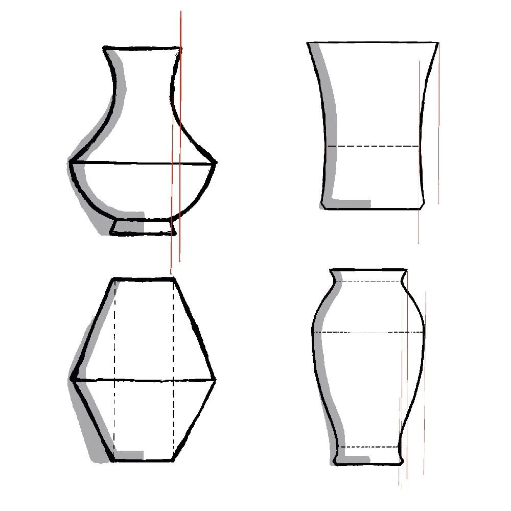 Sometimes I have as much fun drawing forms as throwing them. The 2 top left vases are my favorites.

(At the studio where I'm working now, half the wheels face a mirrored wall - if I prop my sketchbook up facing the mirror, I don't get slip all over 