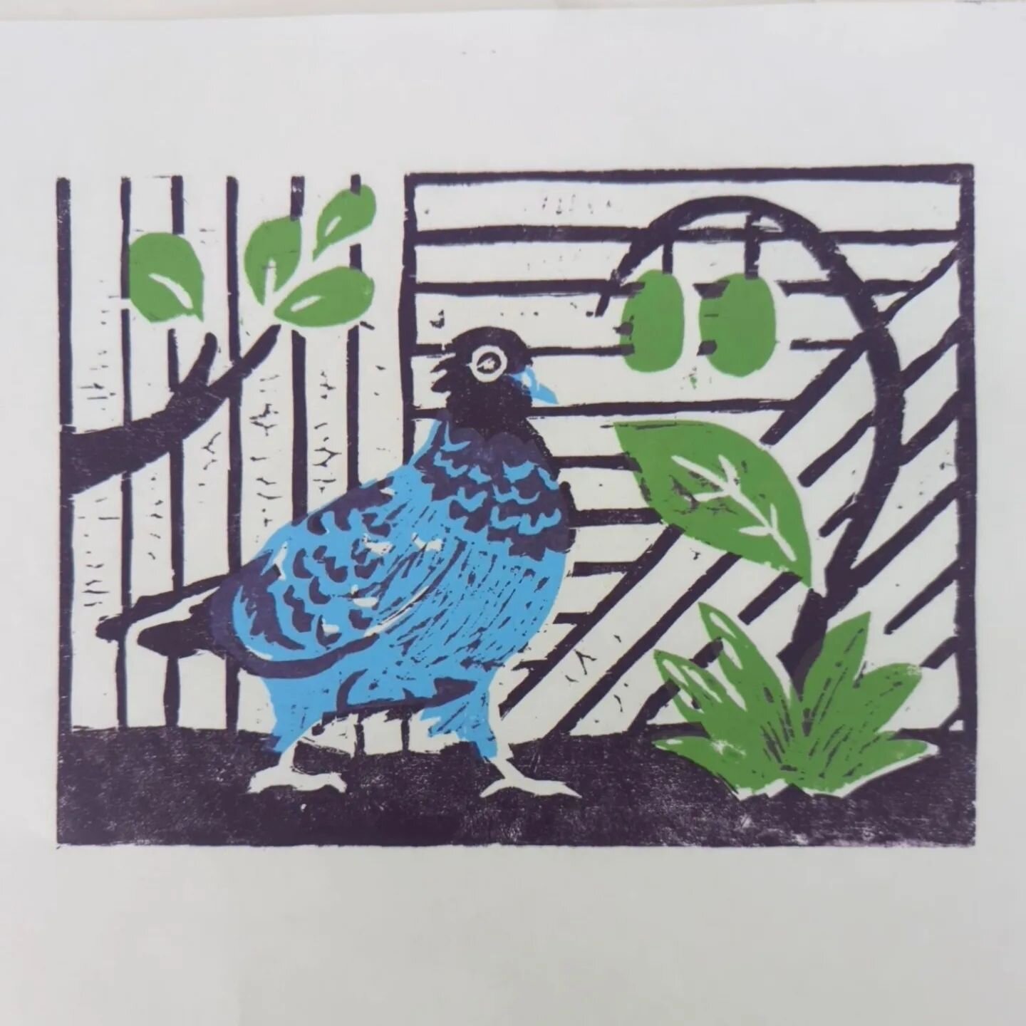 I made a color woodblock print! My favorite part is where the blue and dark purple overlap; this effect would be fun to explore further. Bonus color! 

True pigeon fact:
On TWO (!) occasions, the US military attempted to build pigeon-guided bomber pl