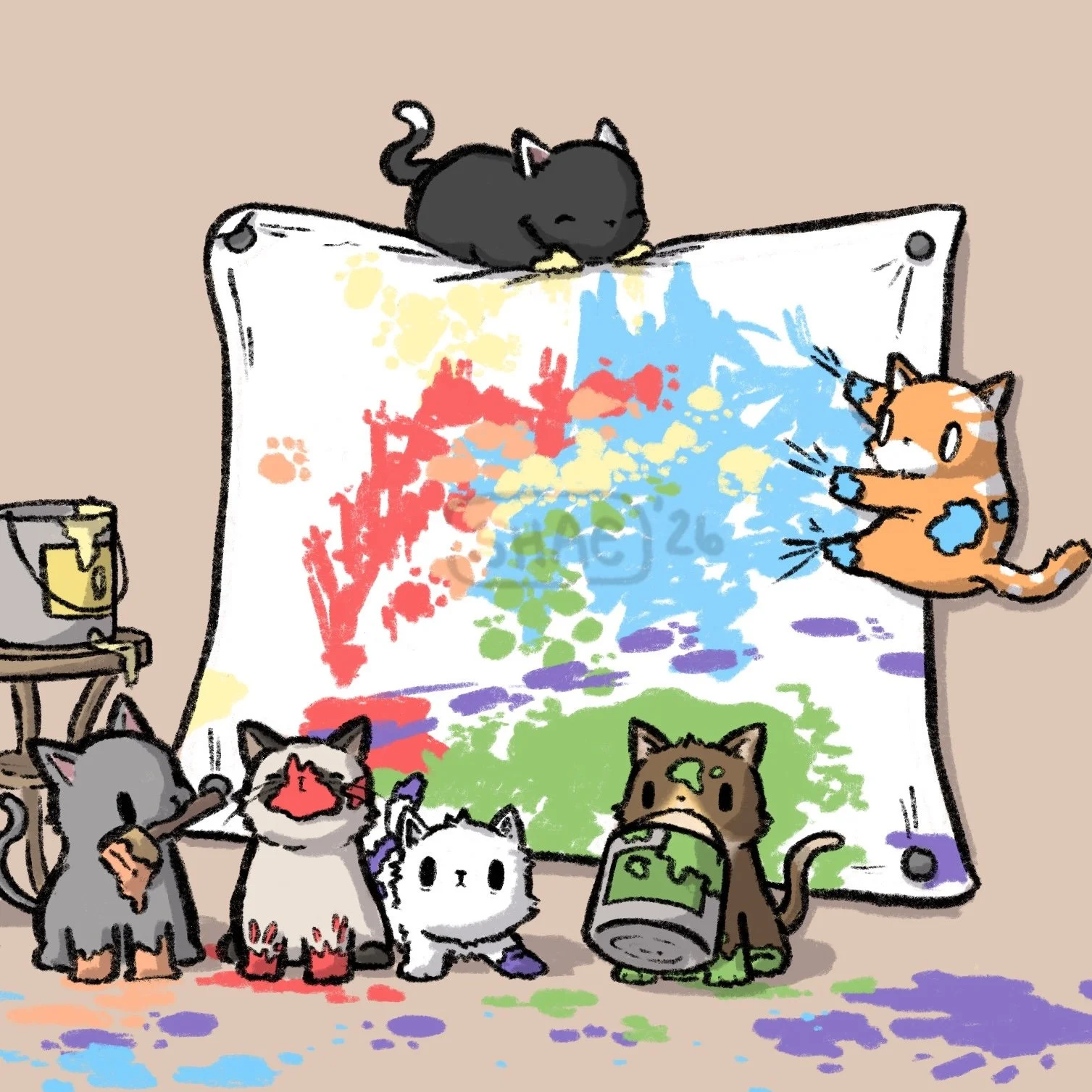 Kitten Artists and Coloring Page (Digital Wallpaper)