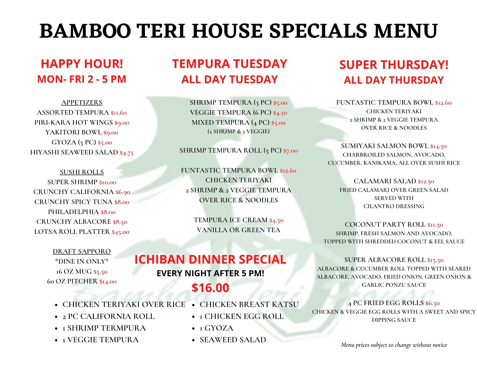 Specials. — Bamboo Teri House