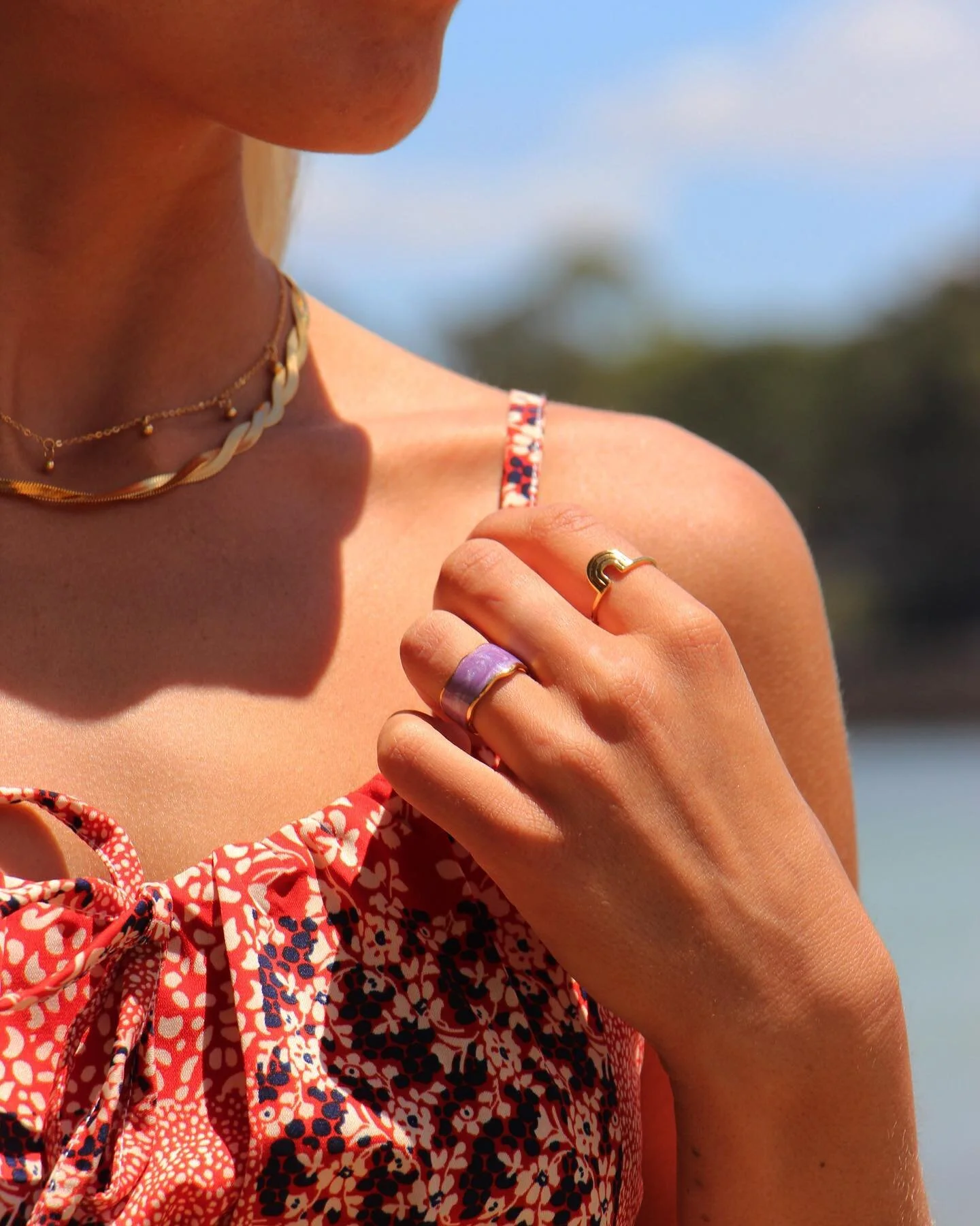 Gold plated geometric Ring and purple ice cream enamel open ring 🌟