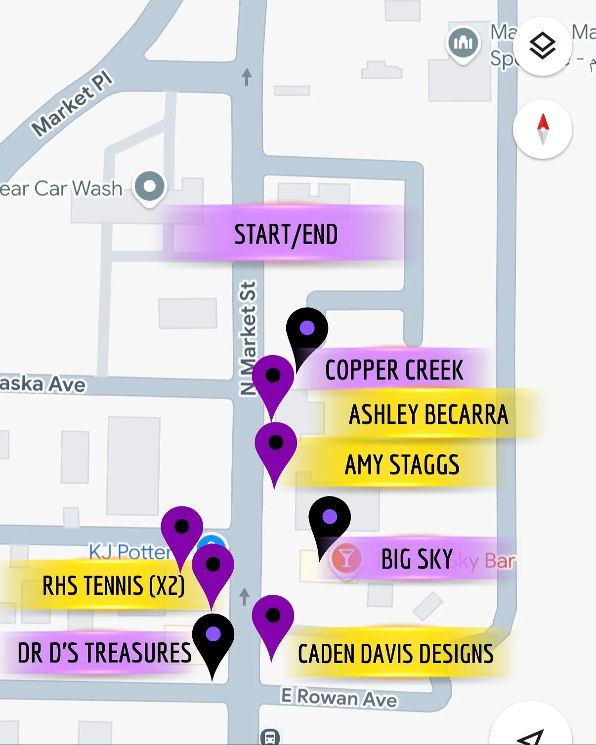 A map of where you can find all of our participants for this years Tricks or Treasures! We will be out there in the rain; wind, or hopefully shine from 11am-2pm! Make sure to visit all of our participants, and don&rsquo;t forget to tag us in your pho