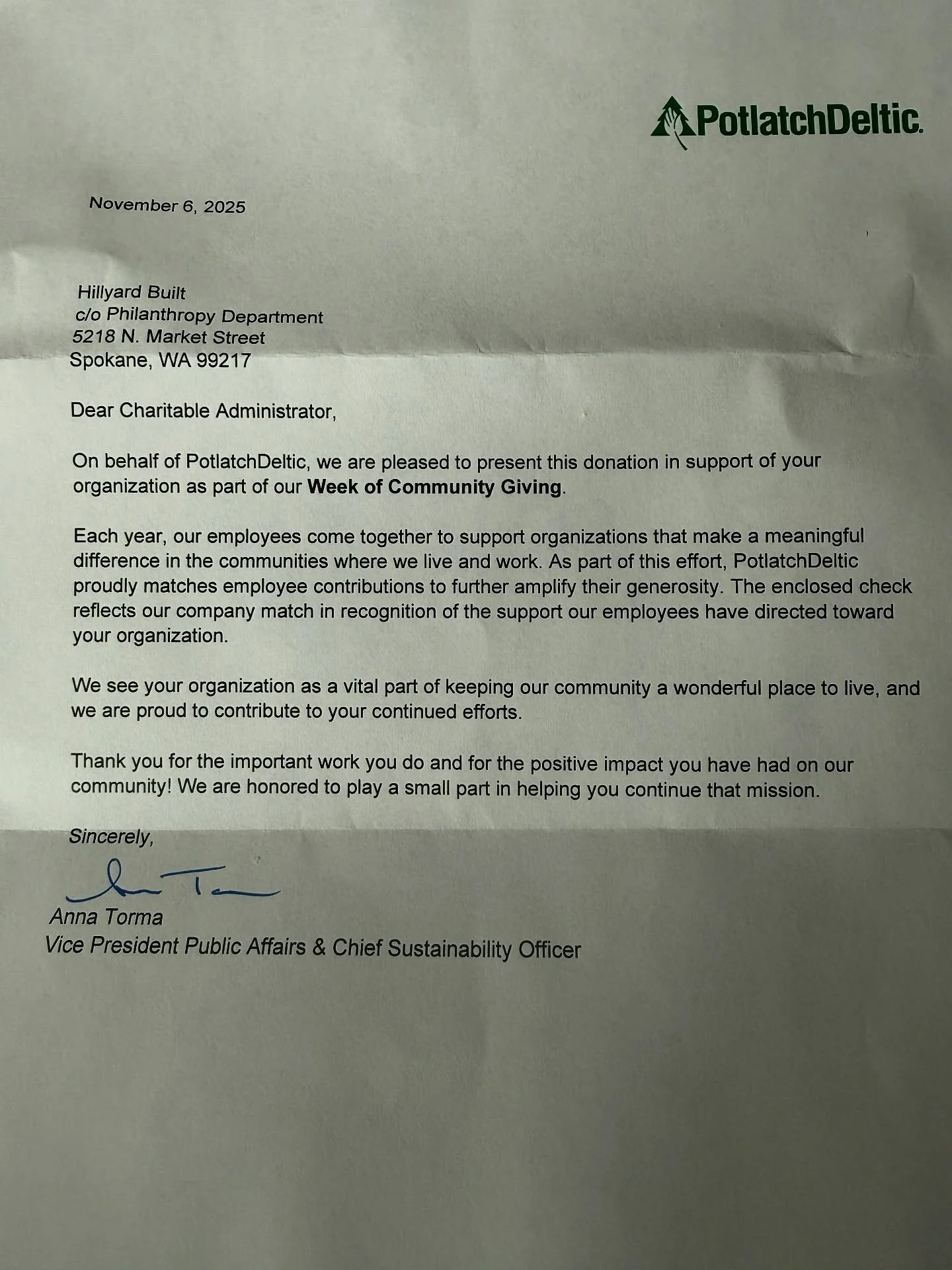 These surprises are always extremely appreciated. Thank you for keeping our Hillyard youth in your thoughts and your hearts.