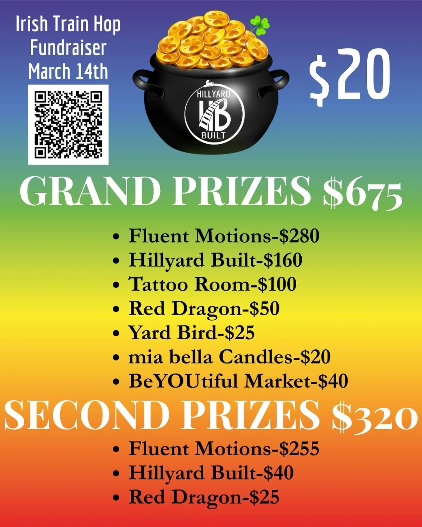 The Hillyard community did it once again! Prizes totaling almost $1,000!!!!!

All you have to do enter is:
☘️ Purchase your ticket and Hillyard Built lanyard for $20 
🍻🌭 Make purchases at participating bars
☘️Drop your ticket in our mailbox before 