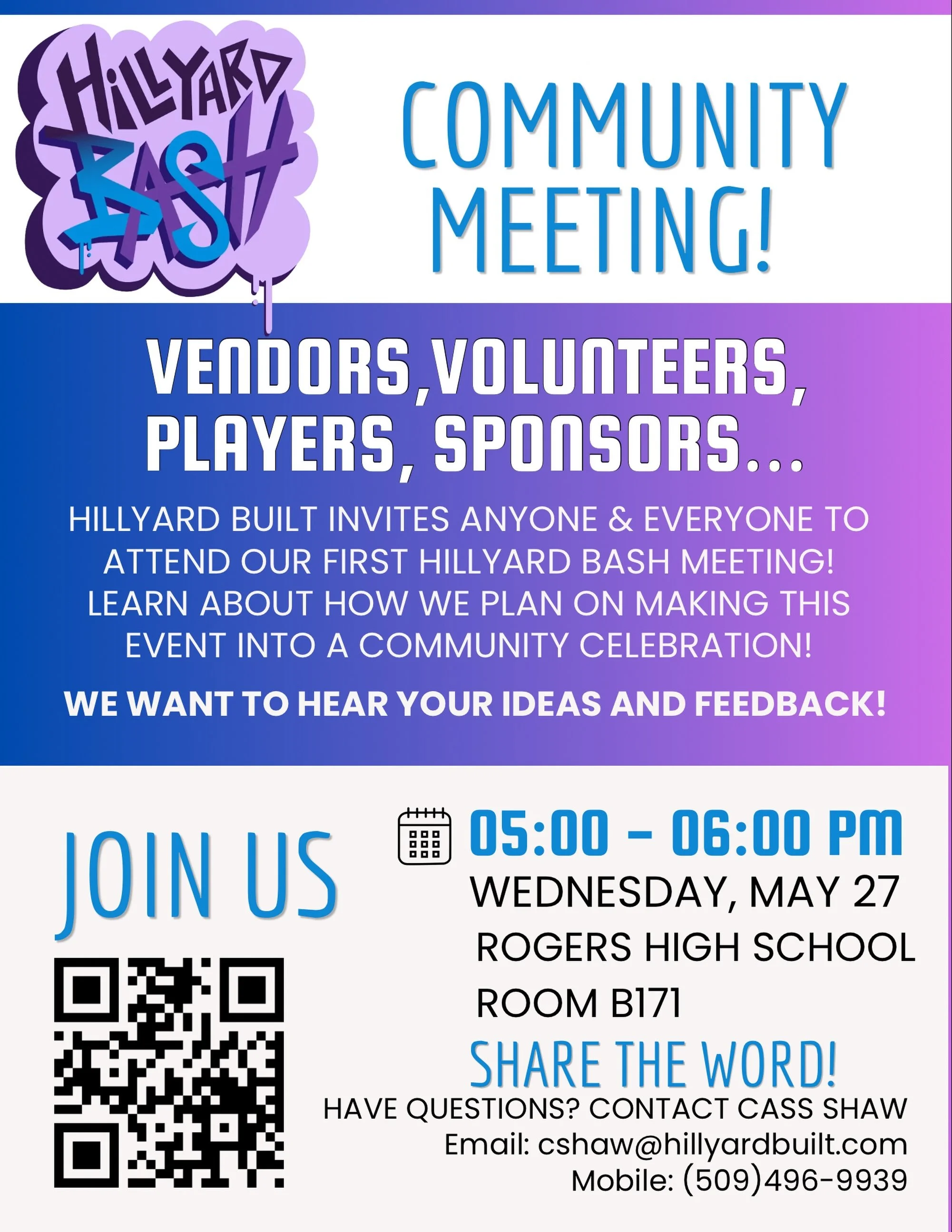 🚨 Calling all Hillyard community members 🚨
Vendors, players, business owners, families, spectators, supporters&hellip; everyone is welcome to join us for our upcoming Hillyard Bash community meeting! 

We&rsquo;re planning something big for our you