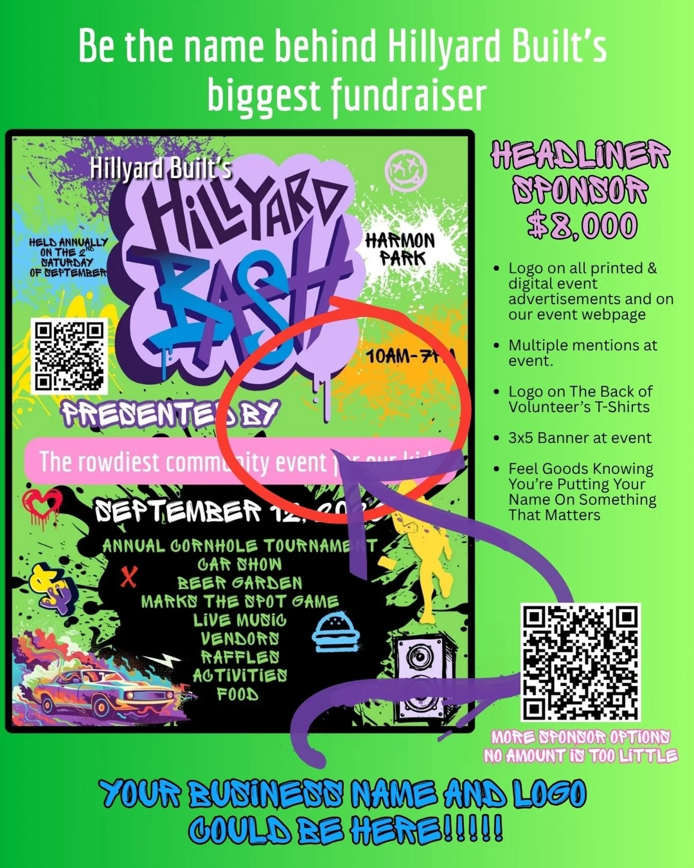 Looking for one bold business to headline Hillyard&rsquo;s rowdiest community event for the kids.

This space on our Hillyard Bash poster is reserved for our Headliner Sponsor&mdash;the business that steps up and says, &ldquo;We believe in Hillyard y